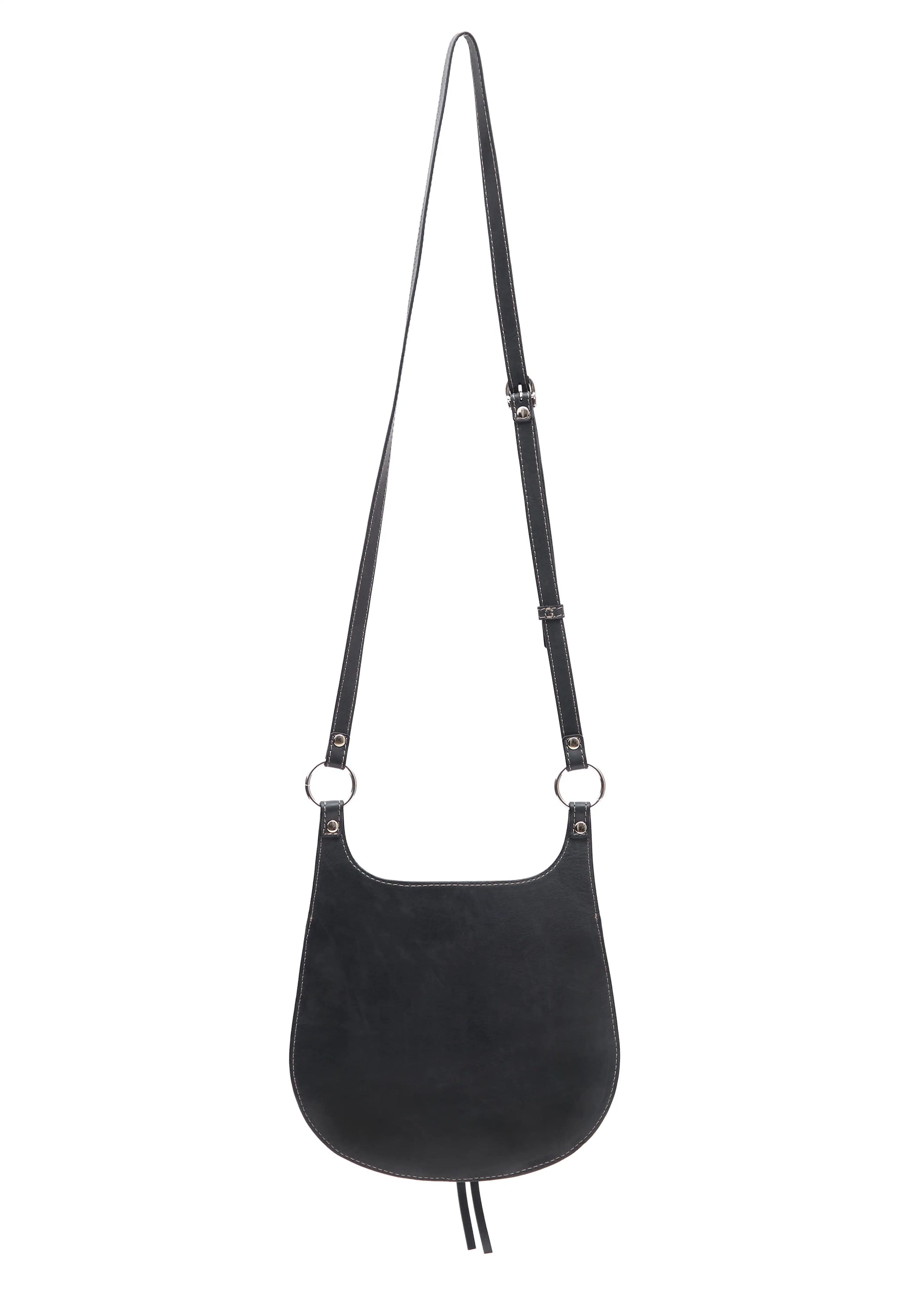Back view of the Philini Cowboy Crossbody Bag in black calf leather, rounded saddle silhouette with flat back and long adjustable strap. Ethical handcrafted mini shoulder bag