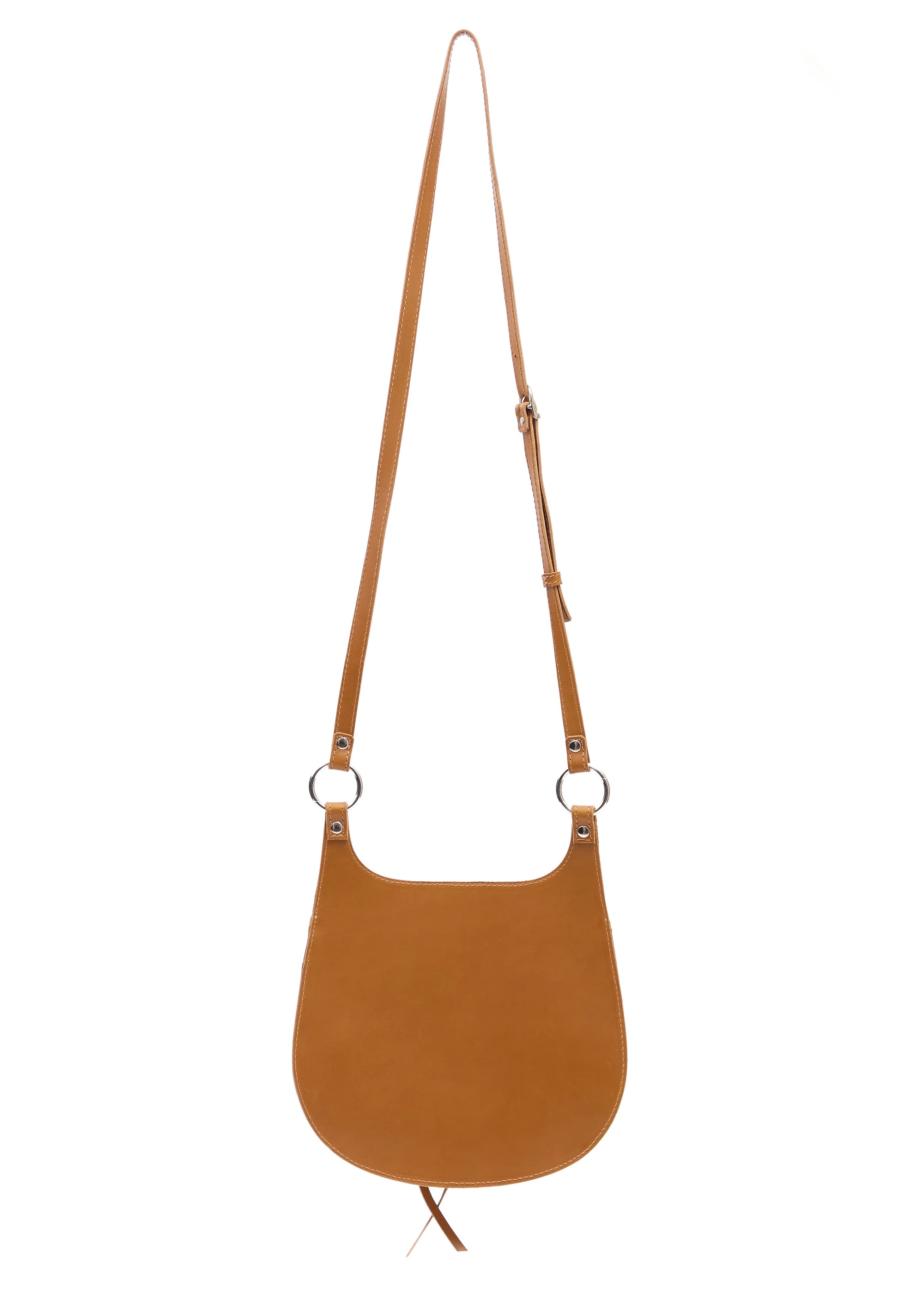 Back view of the Philini Cowboy Crossbody Bag in cognac calf leather, smooth curved silhouette 