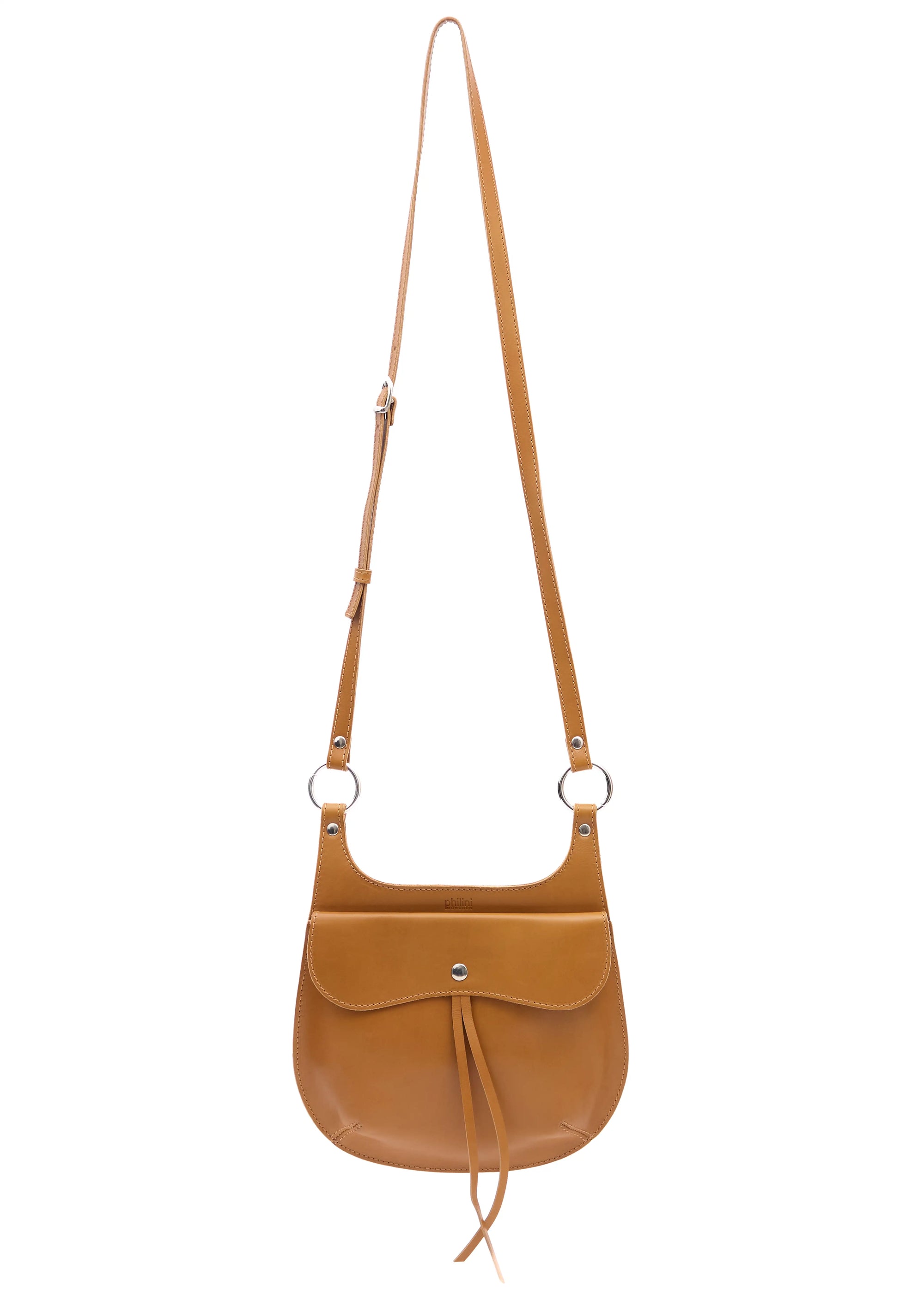 Front view of the Philini Cowboy Crossbody Bag in cognac calf leather, rounded saddle silhouette 