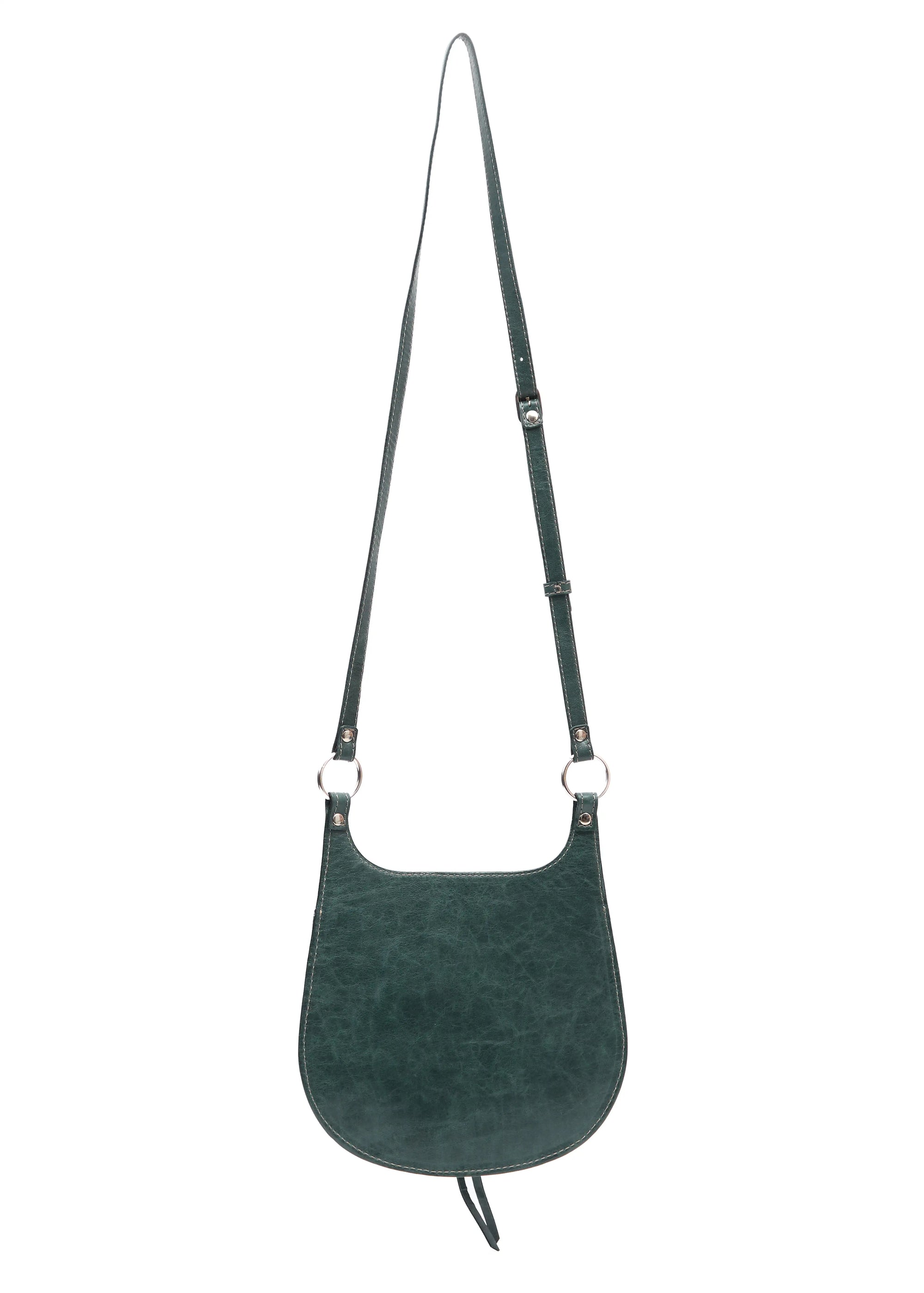 Back view of the Philini Cowboy Crossbody Bag in dark green calf leather, smooth rounded silhouette with flat back and adjustable strap