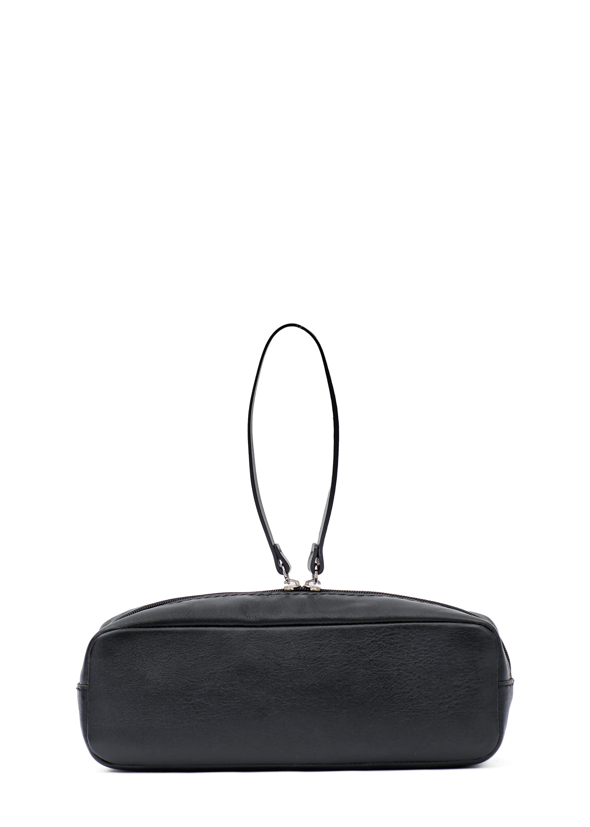 Back view of the Philini Ellie Cosmetic Bag in black aniline leather, featuring a zip closure with a leather pull. Minimalist and compact beauty case