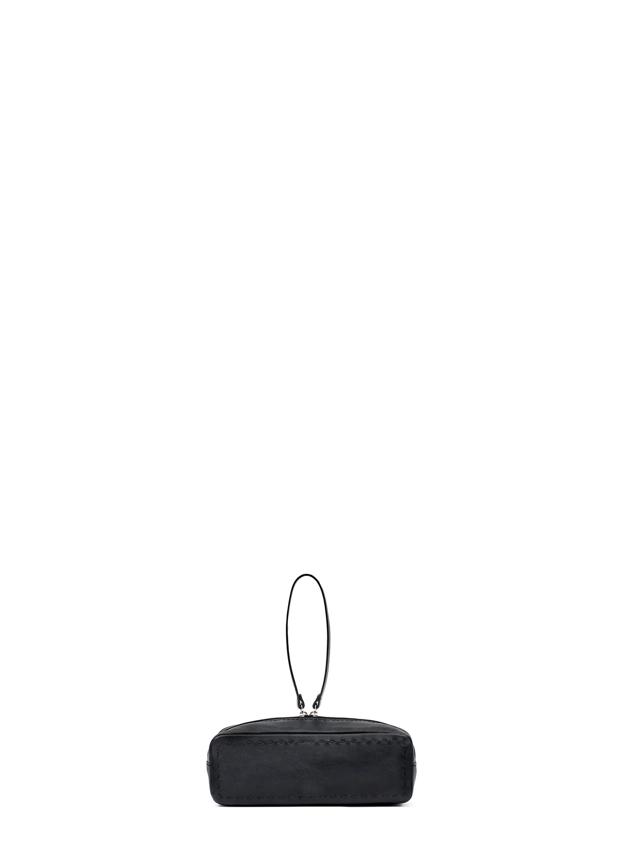 Front view of the Philini Ellie Cosmetic Bag in black aniline leather, showcasing its sleek zip closure with a leather pull and fine handcrafted stitching. Elegant compact leather toiletry pouch