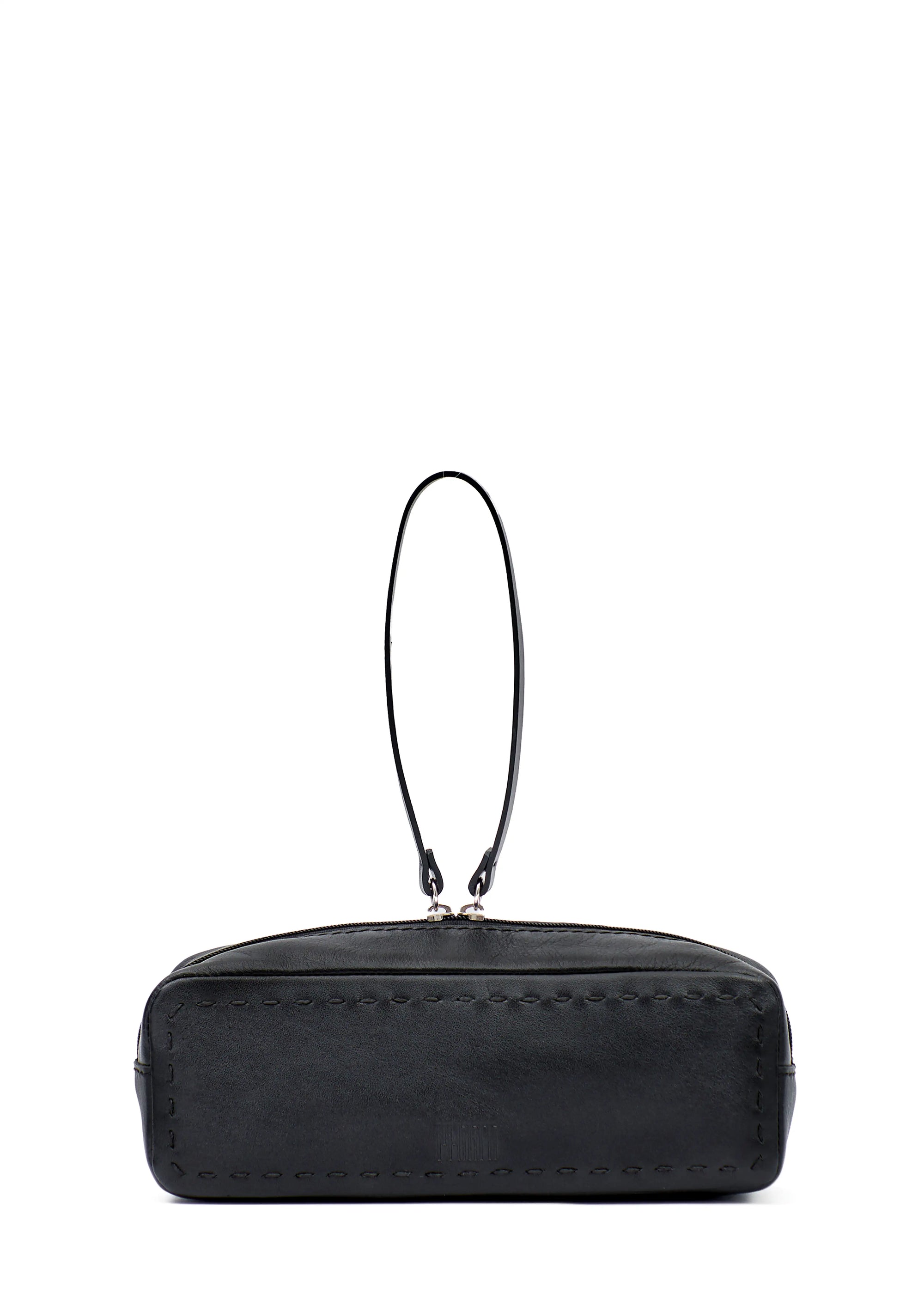 Close front view of the Philini Ellie Cosmetic Bag in black aniline leather, featuring a zip closure with a leather pull, hand-stitched edges, and a stamped Philini logo. Stylish a travel-friendly cosmetic organizer