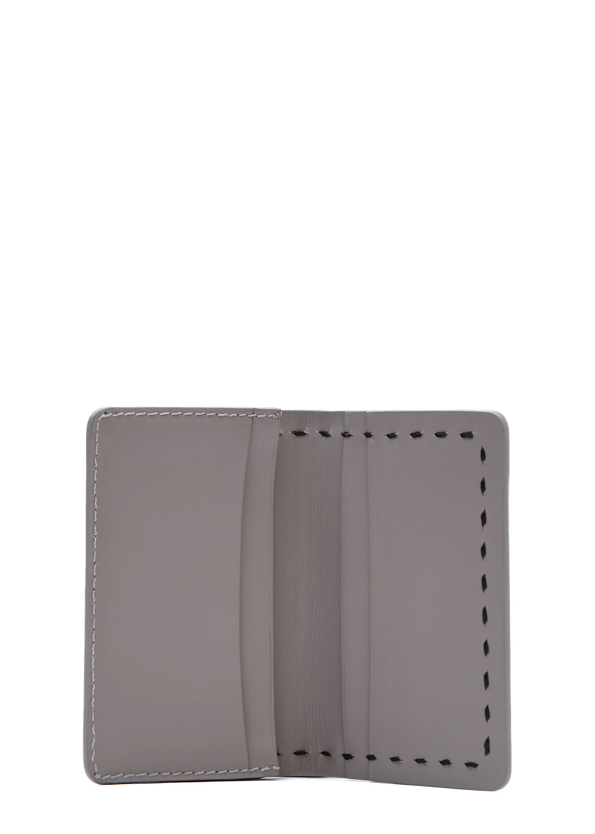 Inside view of the Philini Gabi Cardholder in taupe aniline leather, rectangular with card compartments and hand-stitched edges. Premium slim leather card case.