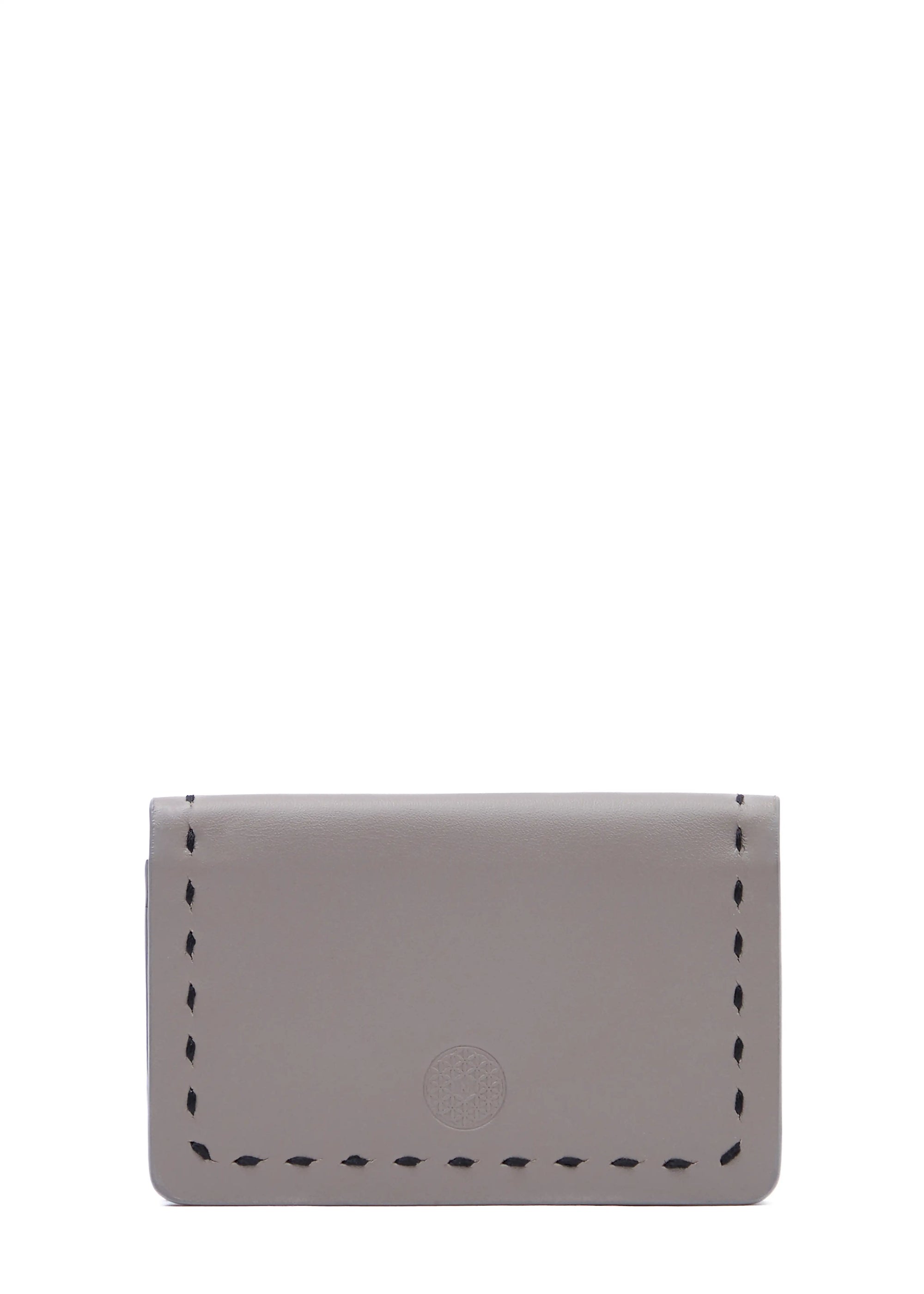 Close front view of the Philini Gabi Cardholder in taupe aniline leather, rectangular design with hand-stitched details and stamped logo. Stylish minimalist card sleeve for everyday use