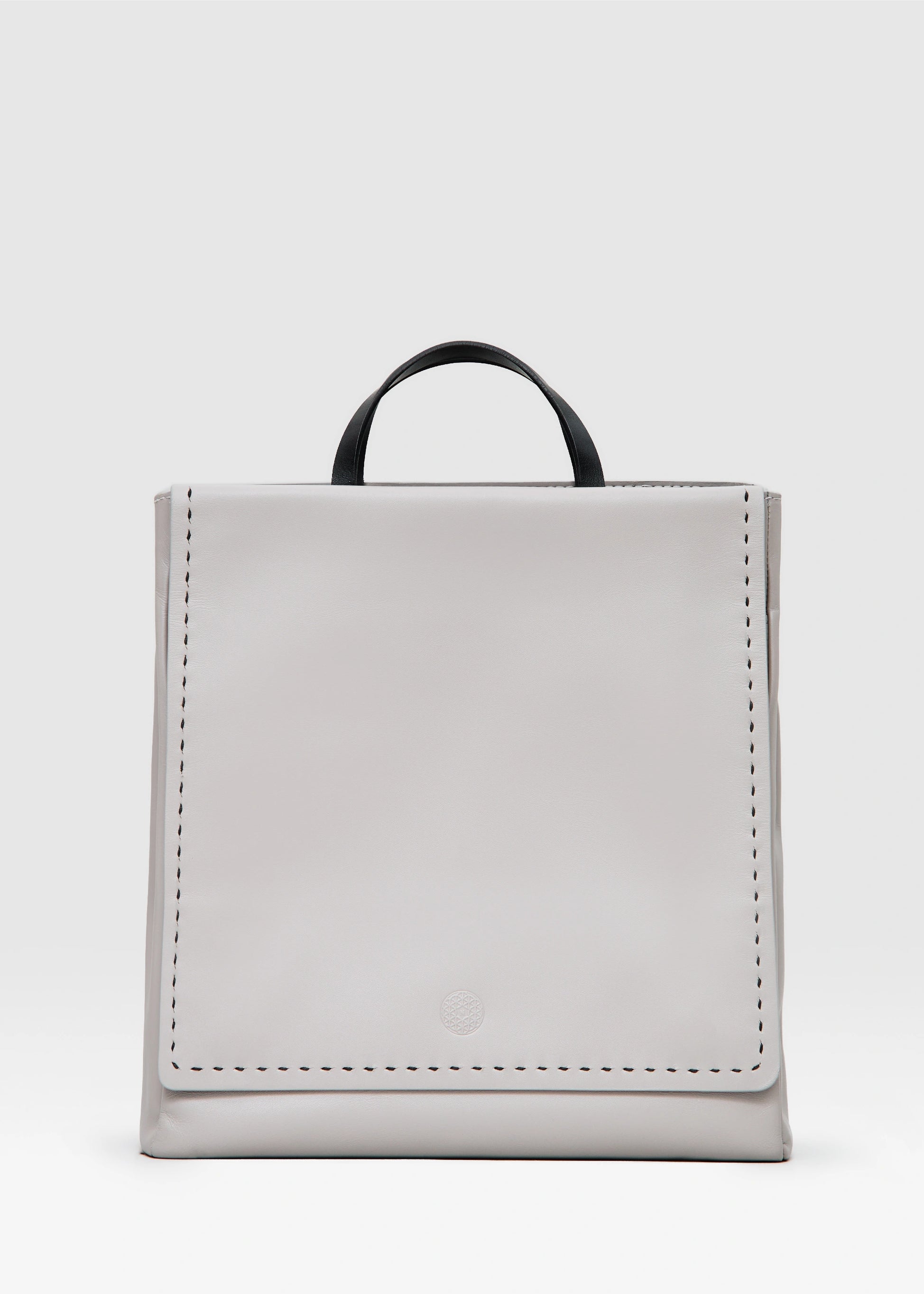 Front view of the Philini Kathy Taupe Business Bag in aniline calf leather with flat handles and front flap pocket