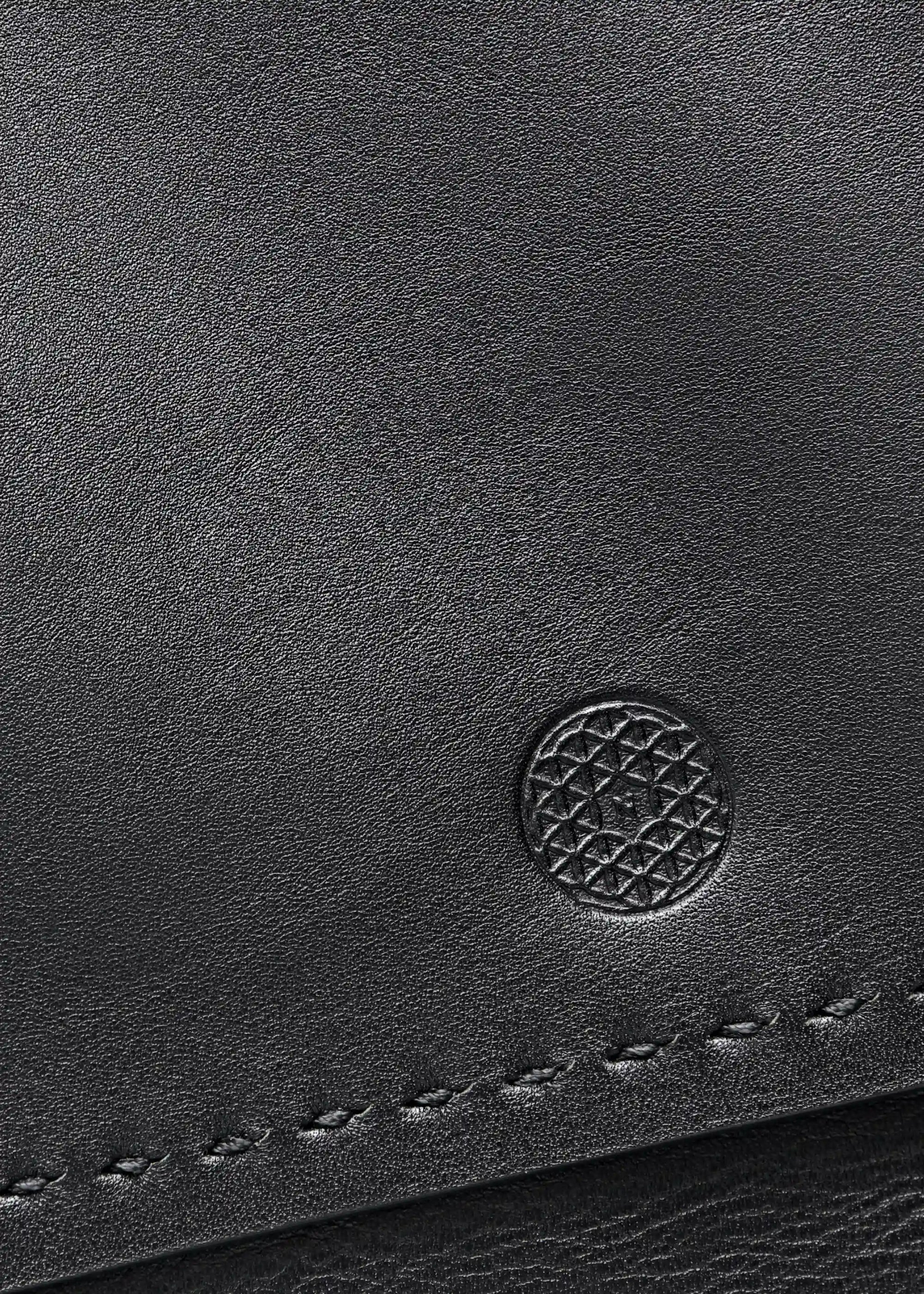 Detailed view of Philini Black leather business bag Kathy on a light gray background