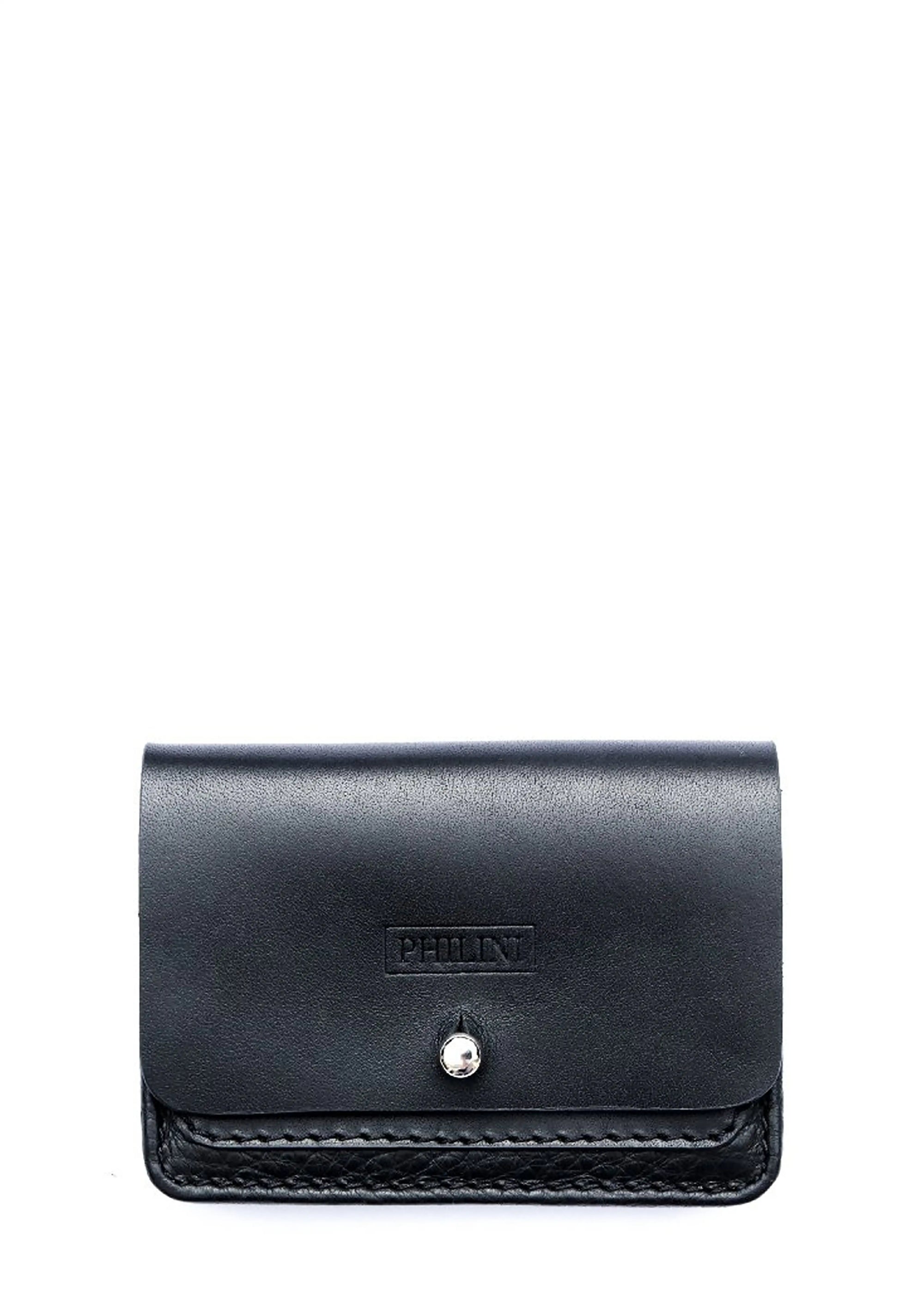 Close-up front view of the Philini Lea Black Business Card Holder, featuring a  leather flap.