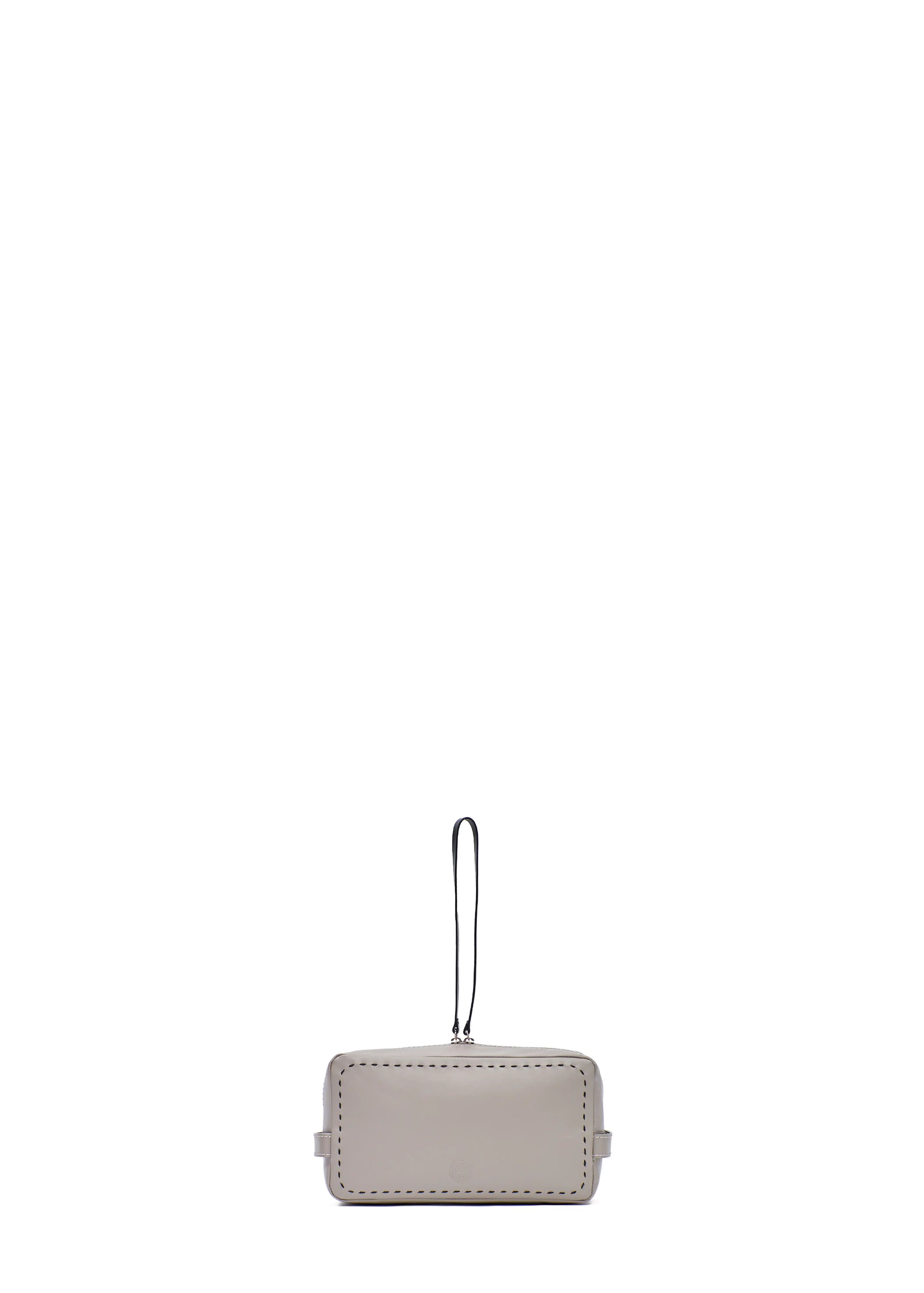 Front view of the Philini Magdalena Pouch in taupe leather, rectangular shape with two short handles, zip closure with leather pull, and visible hand-stitched sides. Elegant small leather pouch