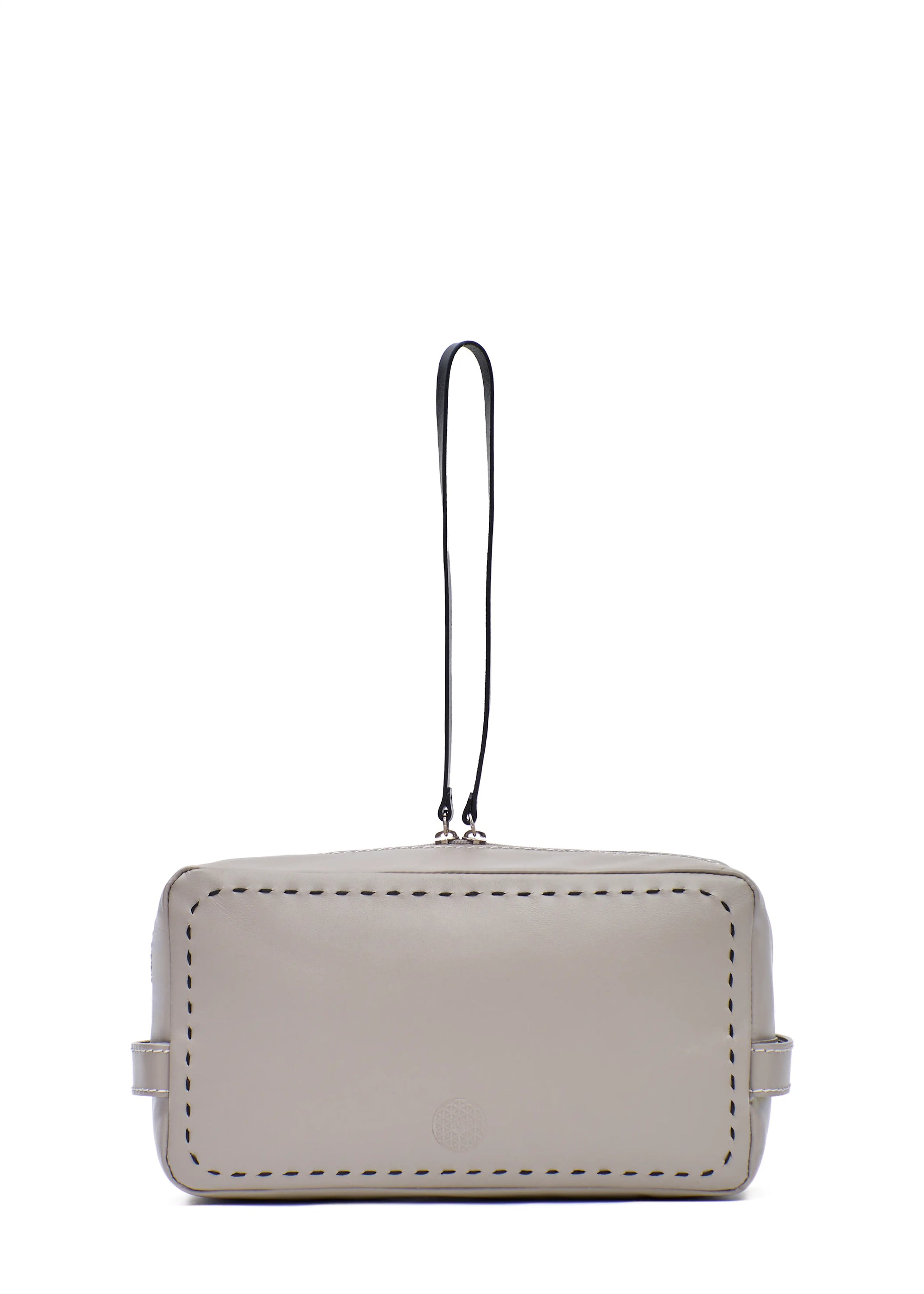 Close front view of the Philini Magdalena Pouch in taupe leather, rectangular shape with two short handles, zip closure with leather pull, hand-stitched sides, and stamped logo. Minimalist small leather pouch for travelling 