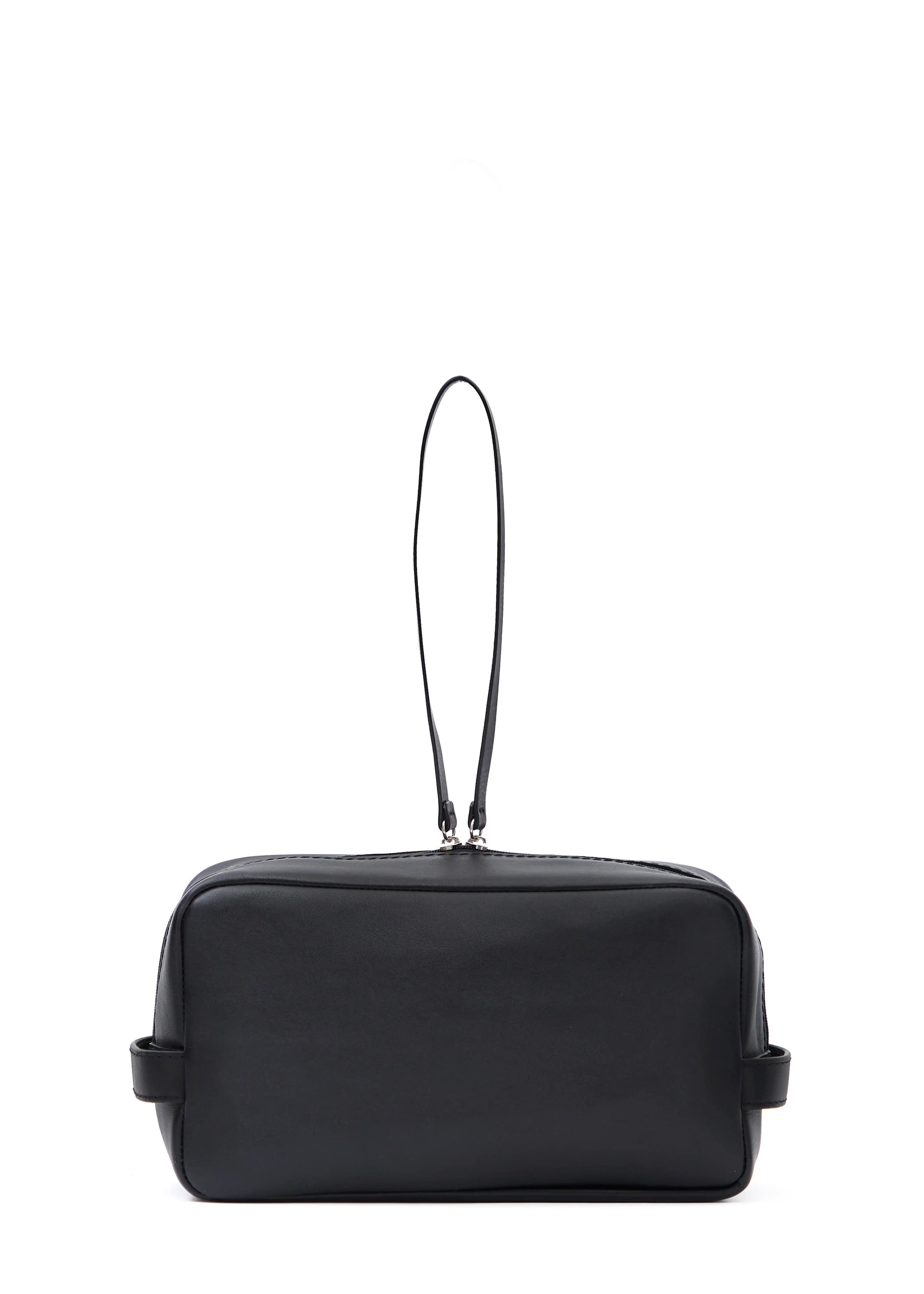 Close back view of the Philini Magdalena Pouch in black nappa leather, rectangular silhouette with two short handles and zip closure with leather pull. Modern black travel pouch