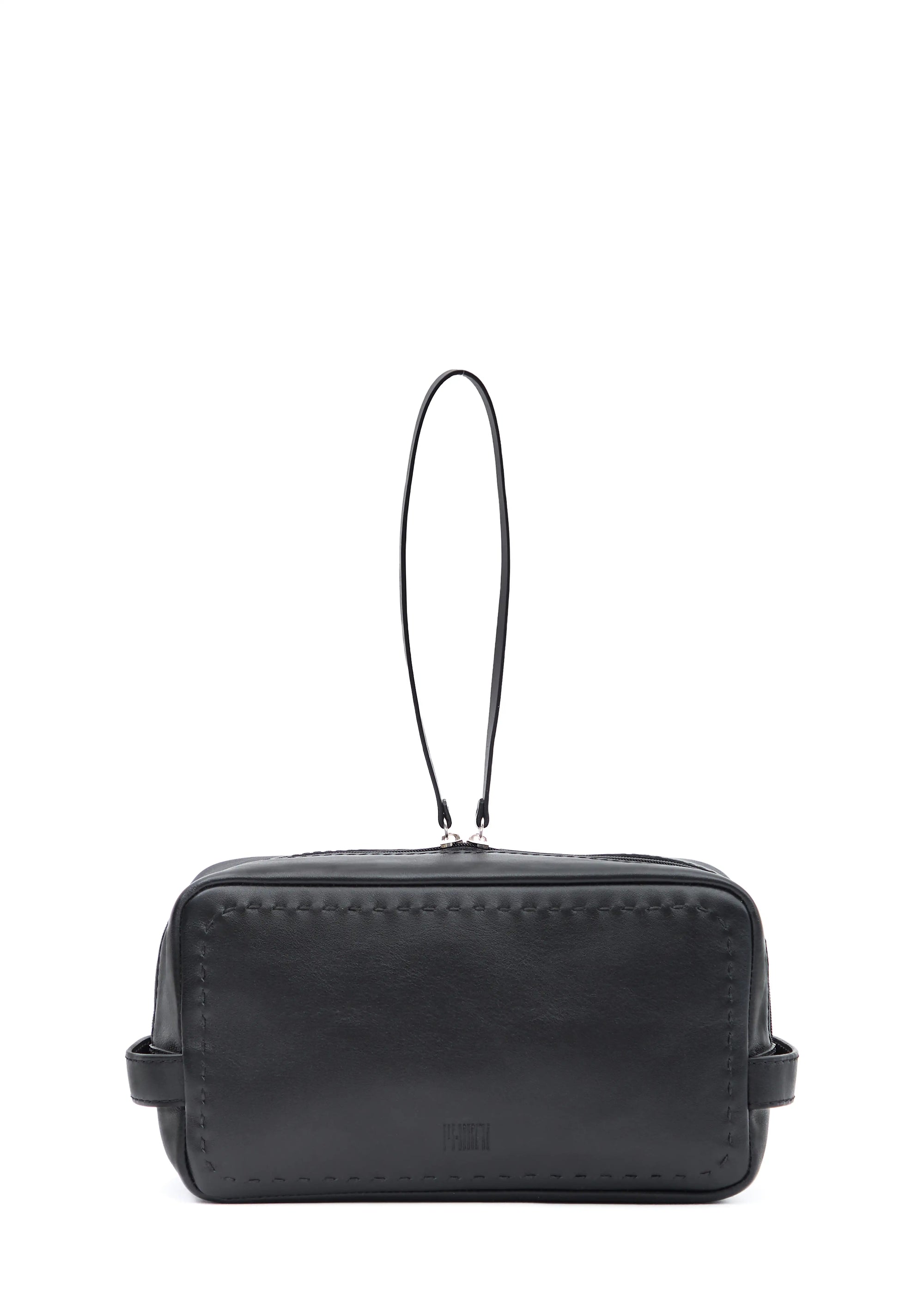 Close front view of the Philini Magdalena Pouch in black leather, rectangular design with two short handles, zip closure, hand-stitched edges, and stamped Philini logo—organiser for daily essentials.