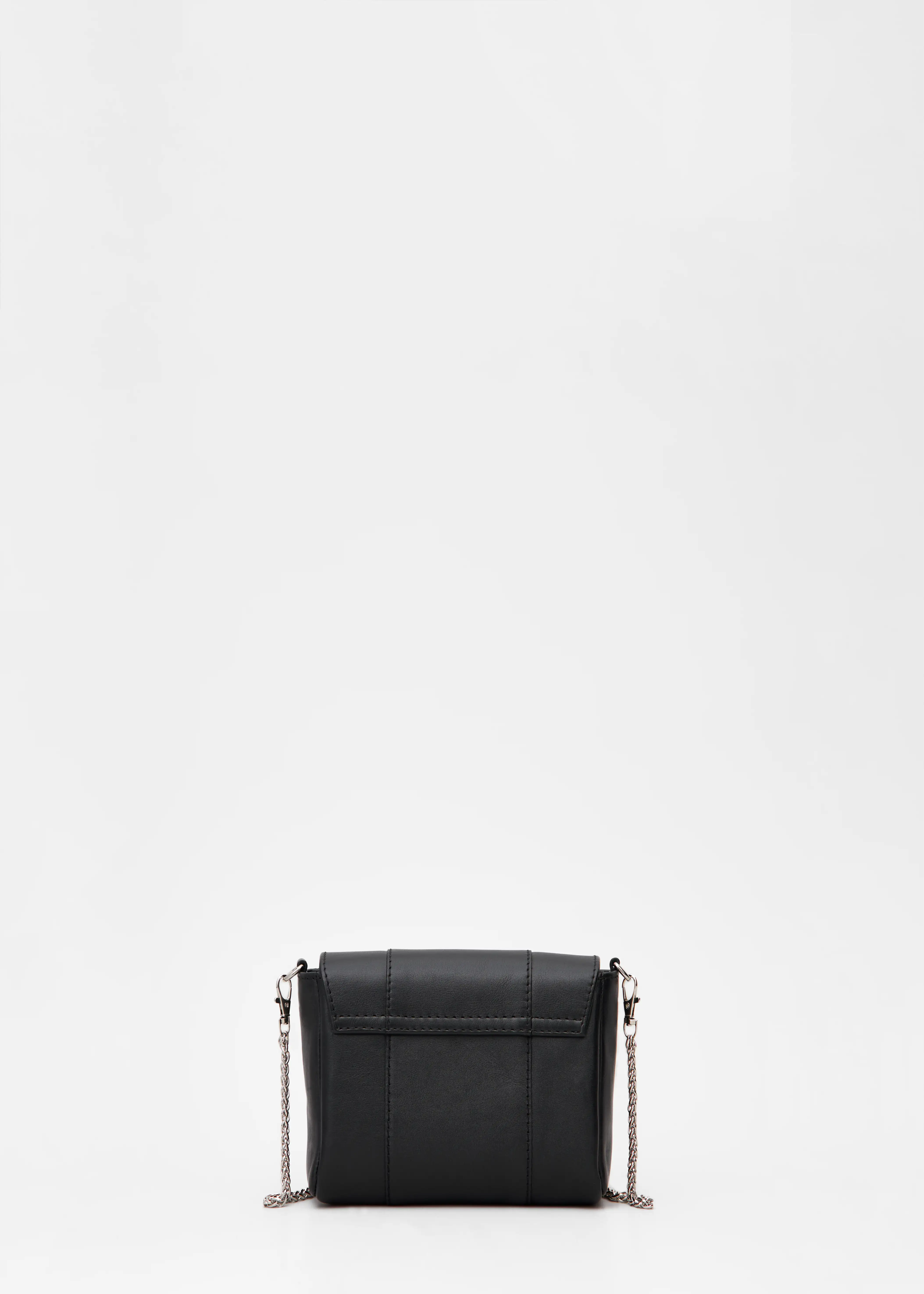 Back view of the Philini Marina Mini Crossbody Bag in black calf leather, rectangular silhouette with front flap and silver chain shoulder strap. Handcrafted designer mini bag