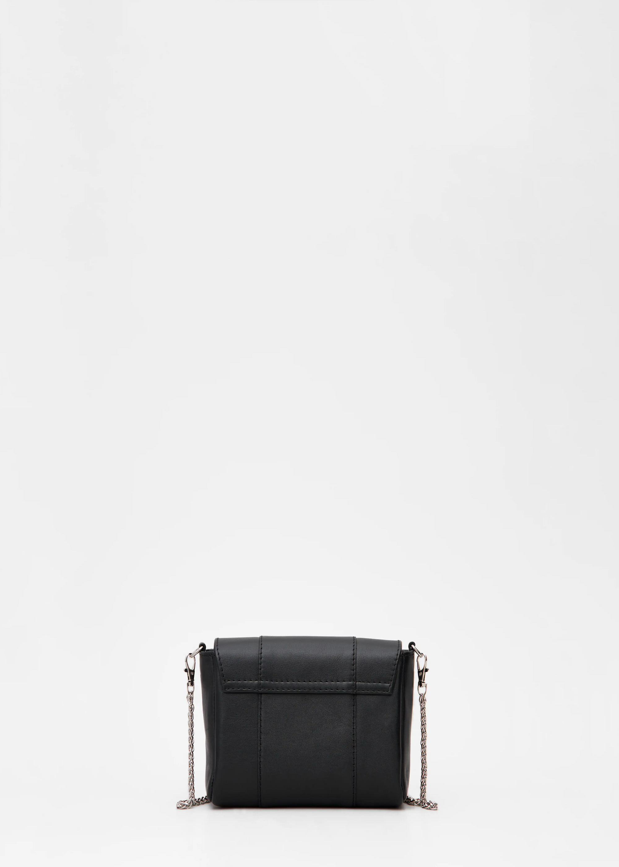 Back view of the Philini Marina Mini Crossbody Bag in black calf leather, rectangular silhouette with front flap and silver chain shoulder strap. Handcrafted designer mini bag