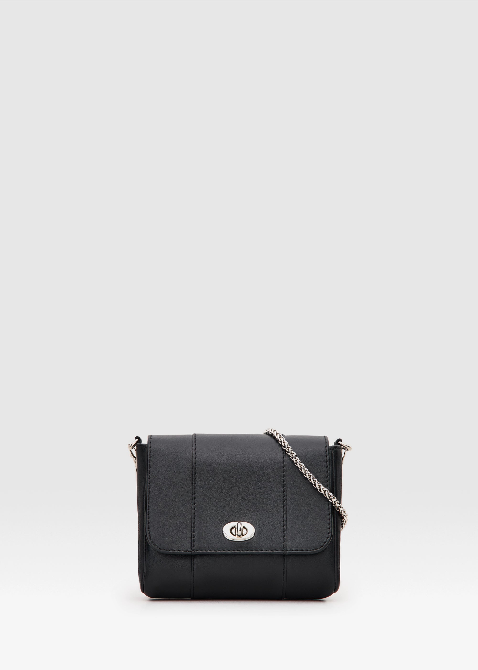 Front view of the Philini Marina Black Chain Crossbody Bag in calf leather with silver chain strap  