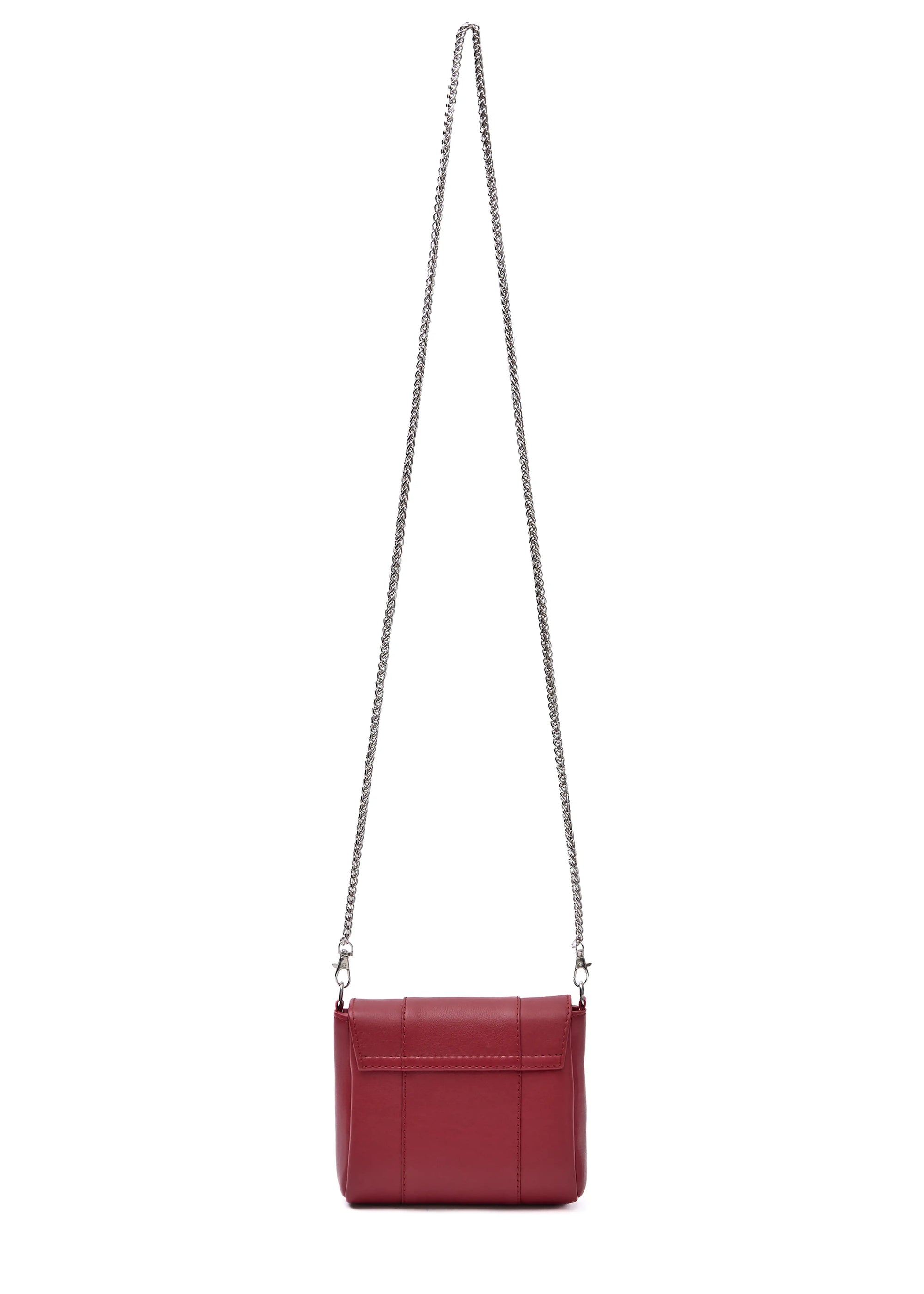 Back view of the Philini Marina Mini Crossbody Bag in red nappa leather, rectangular silhouette with front flap and silver chain shoulder strap. Elegant handcrafted mini handbag 