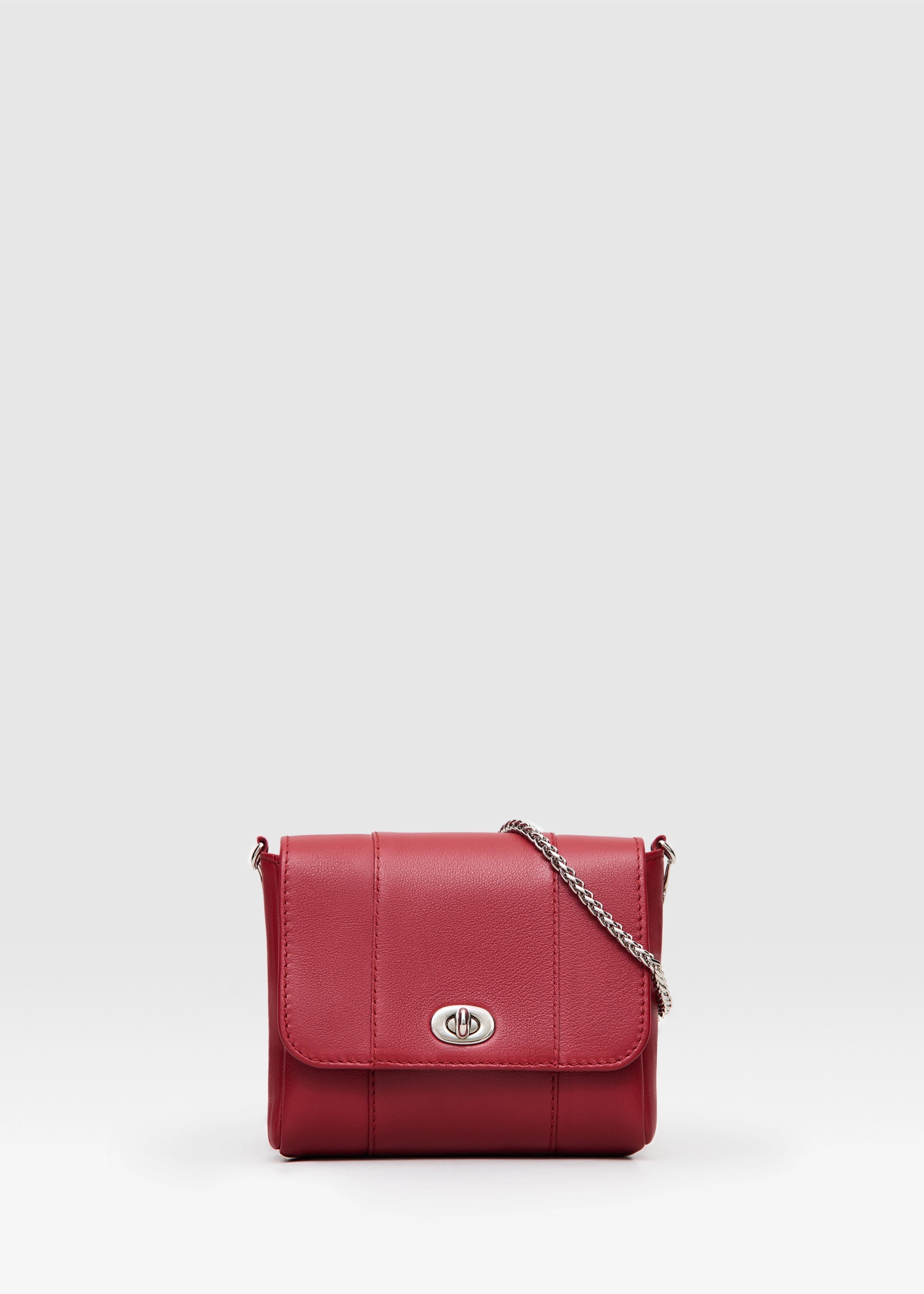 Front view of the Philini Marina Red Chain Crossbody Bag in calf leather with silver chain strap and clasp closure