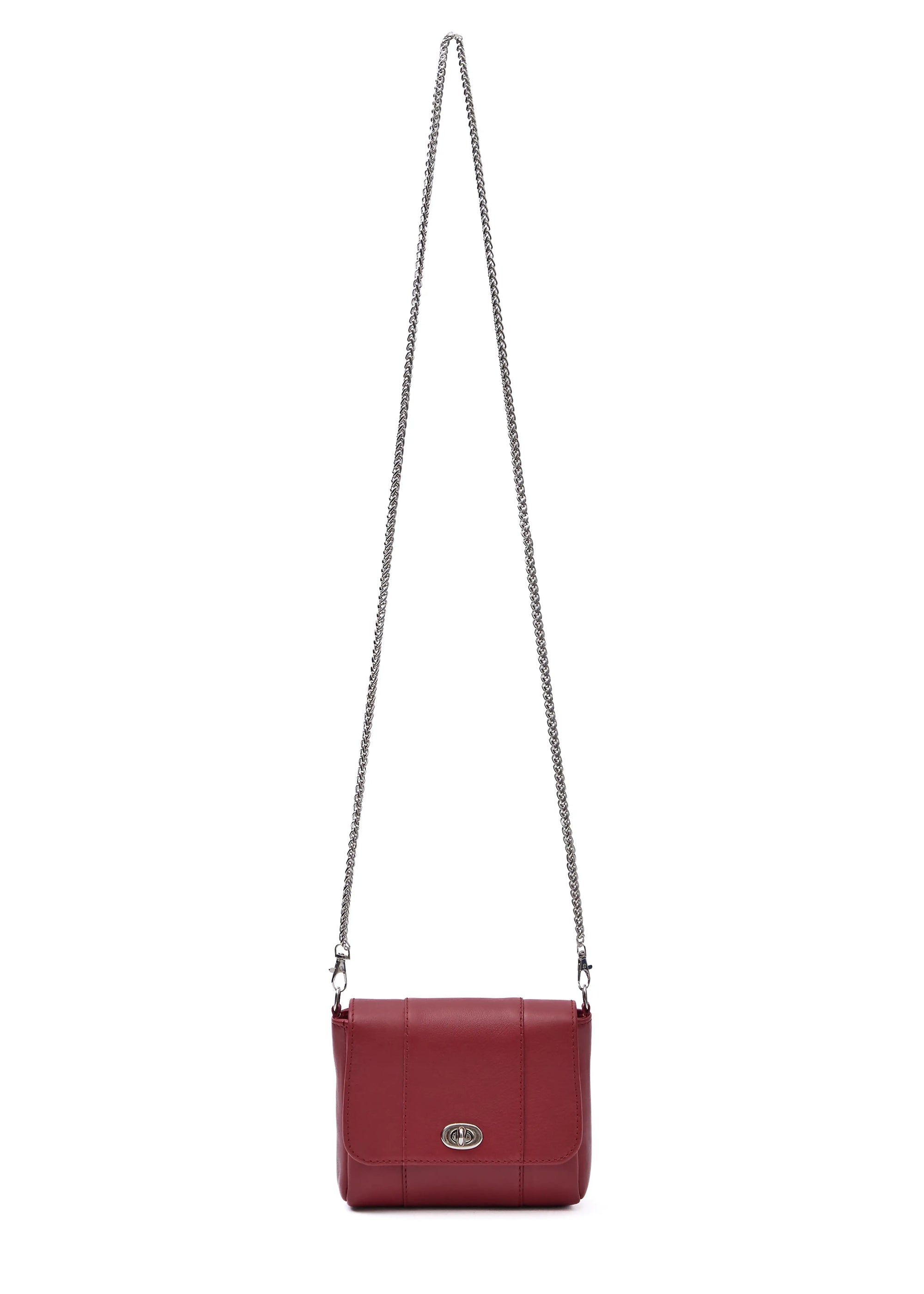 Front view of the Philini Marina Red Chain Crossbody Bag in calf leather with silver chain strap and clasp closure