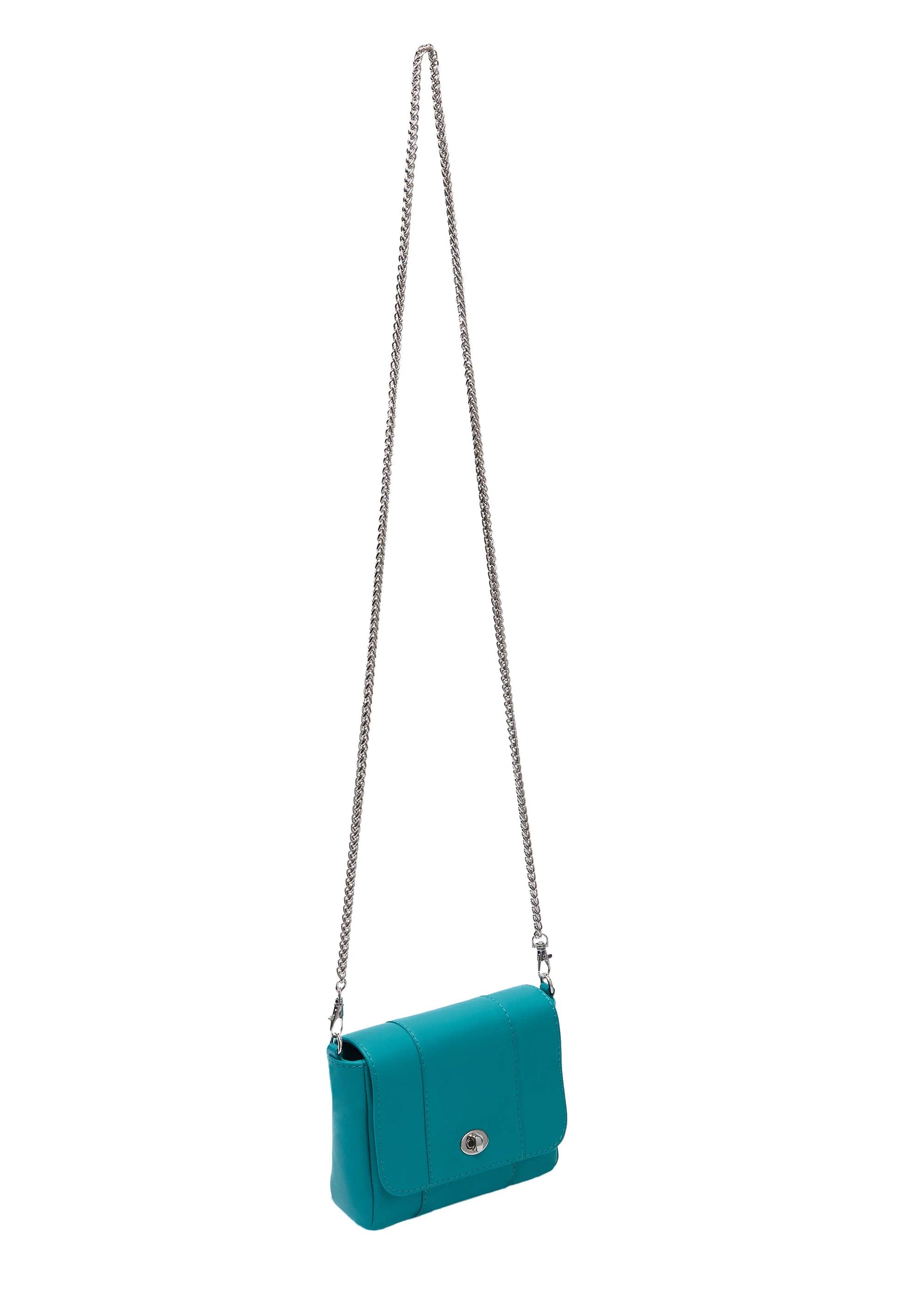 Side view of the Philini Marina Mini Crossbody Bag in turquoise calf leather, rectangular silhouette with front flap, silver clasp, and shoulder chain. Compact and luxury accessory 