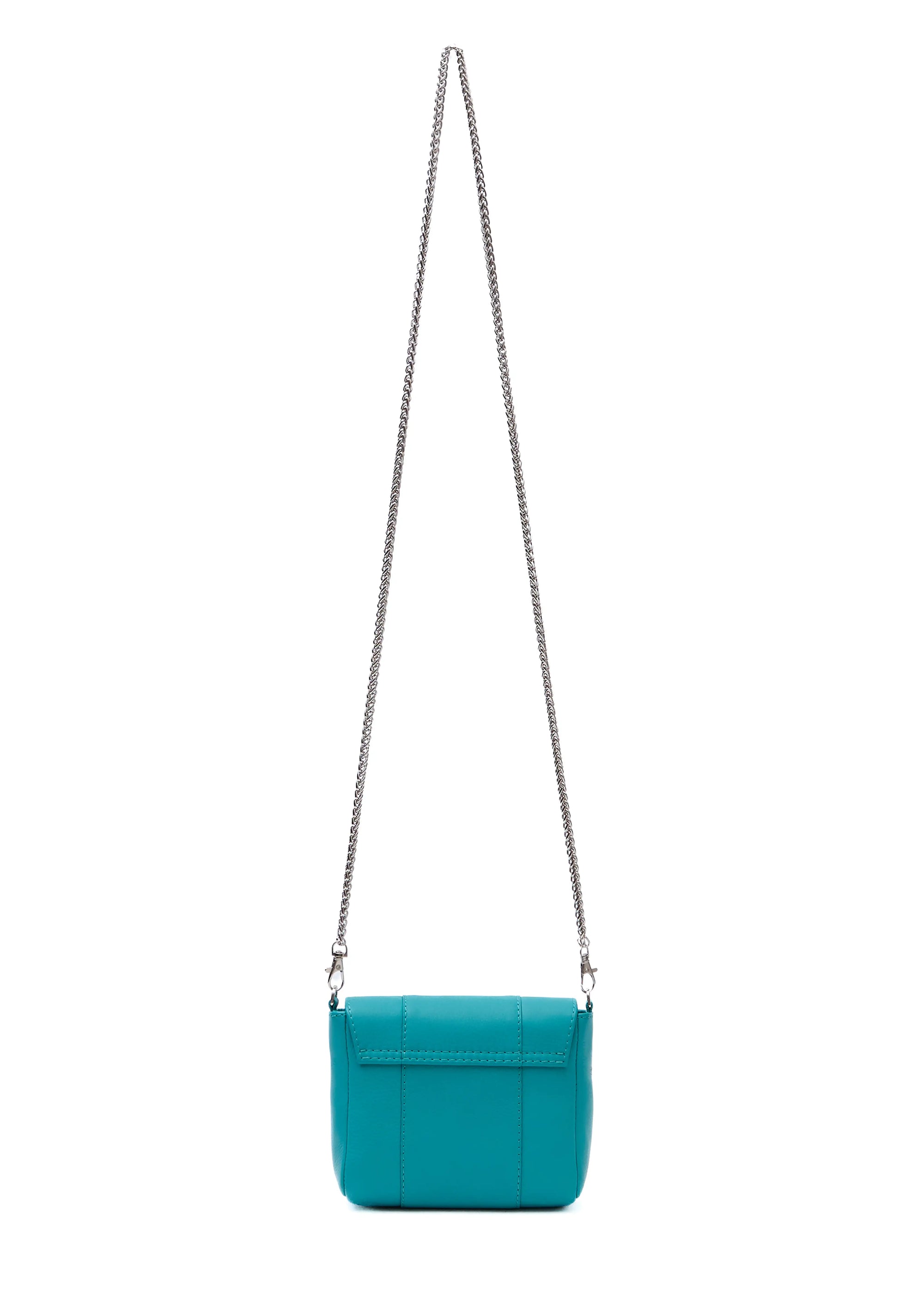 Back view of the Philini Marina Mini Crossbody Bag in turquoise calf leather, rectangular silhouette with front flap and silver chain shoulder strap. Handcrafted designer bag in a striking turquoise tone