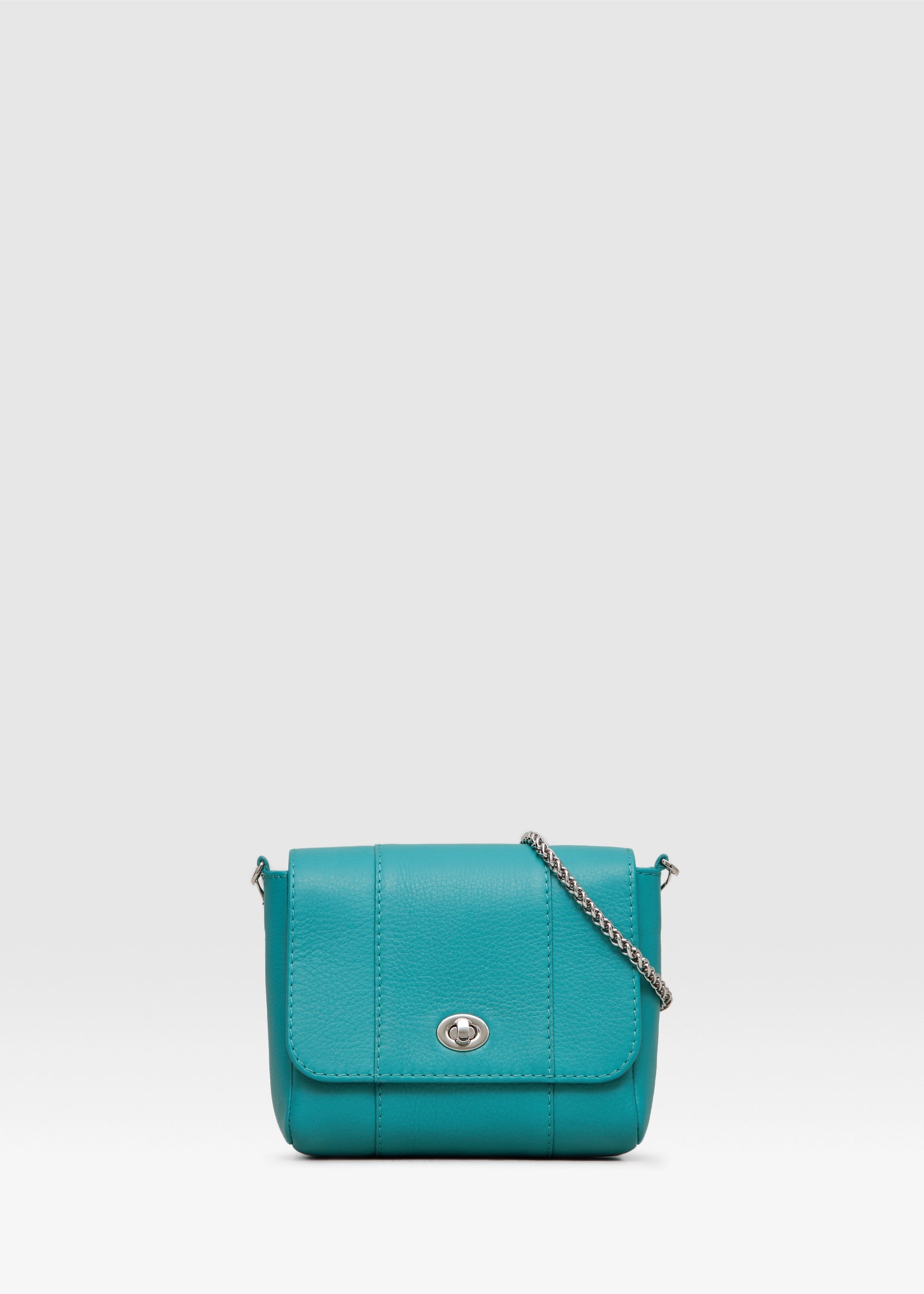 Front view of the Philini Marina Turquoise Chain Crossbody Bag in calf leather with silver chain strap and clasp closure