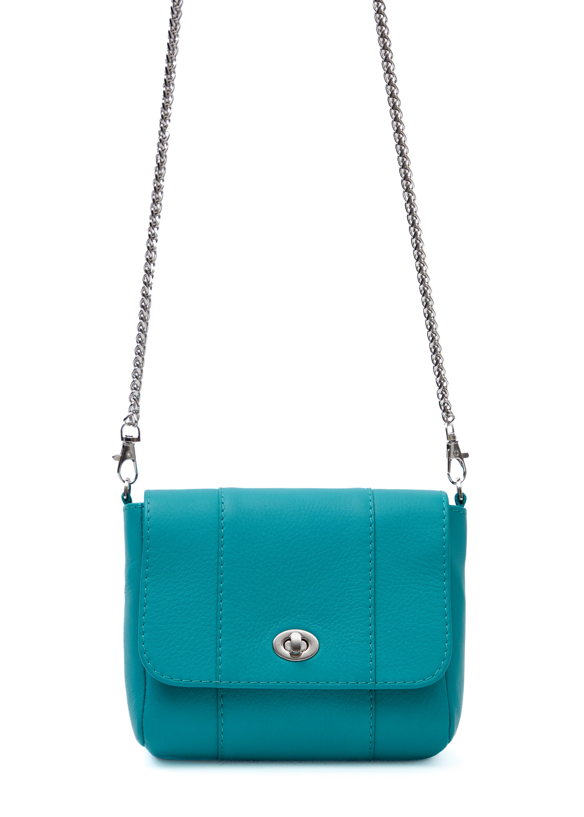 Close front view of the Philini Marina Mini Crossbody Bag in turquoise calf leather, showing front flap with silver clasp and carabiner-attached chain handle. Bright luxury accessory 