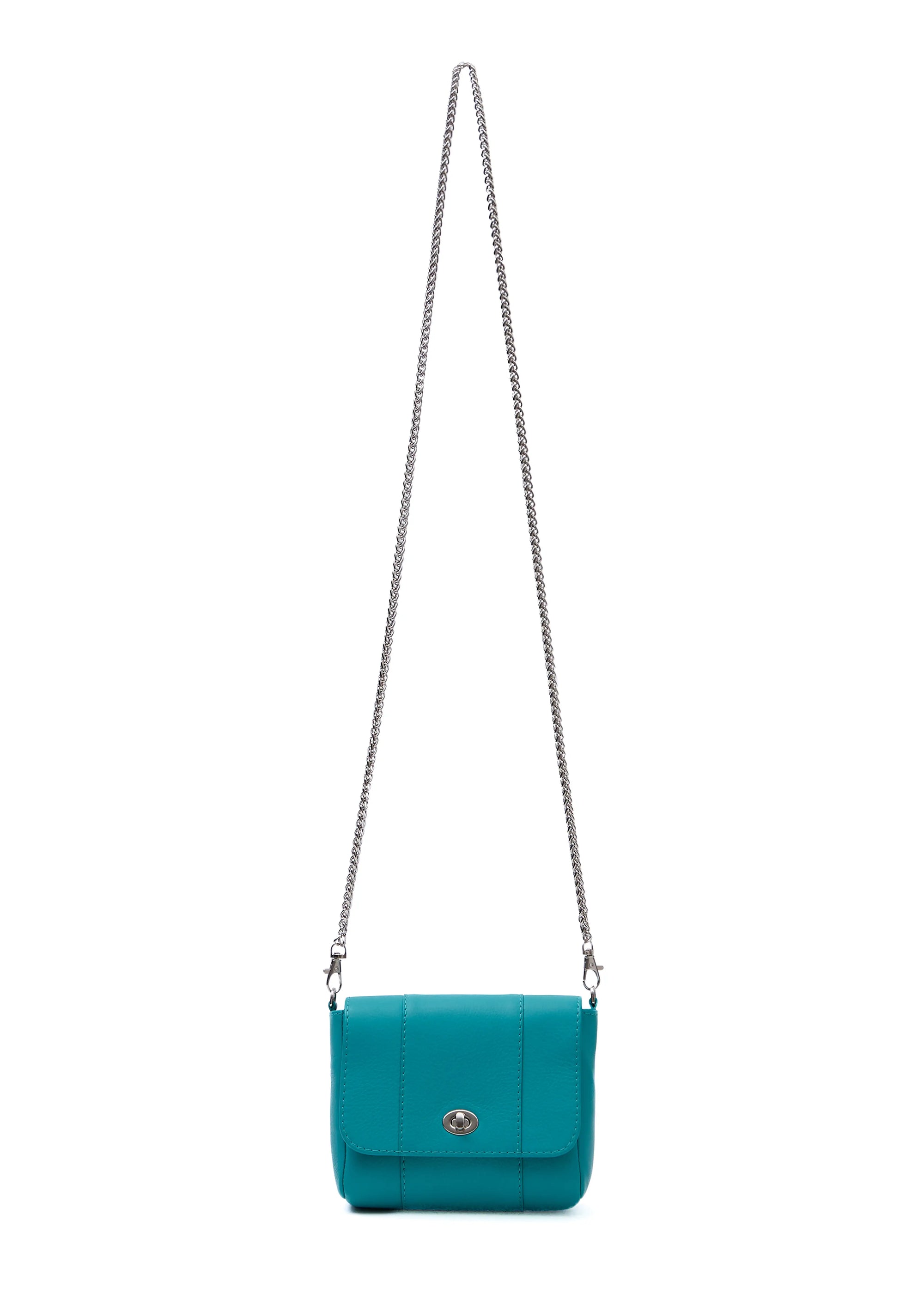 Front view of the Philini Marina Turquoise Chain Crossbody Bag in calf leather with silver chain strap and clasp closure