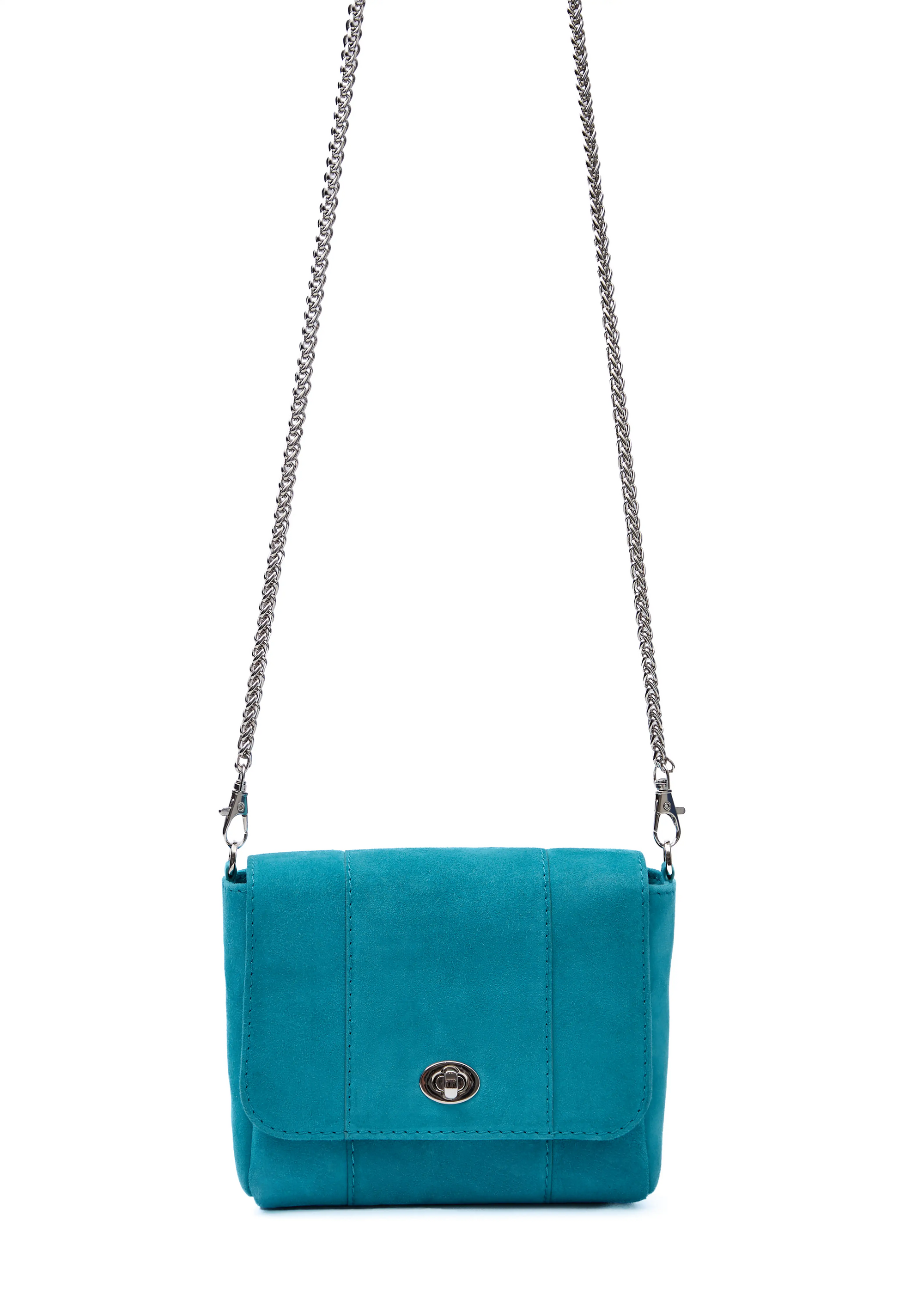 Close front view of the Philini Marina Mini Crossbody Bag in turquoise suede leather, showing front flap with silver clasp and carabiner-attached chain handle. Elegant and luxurious soft-touch accessory