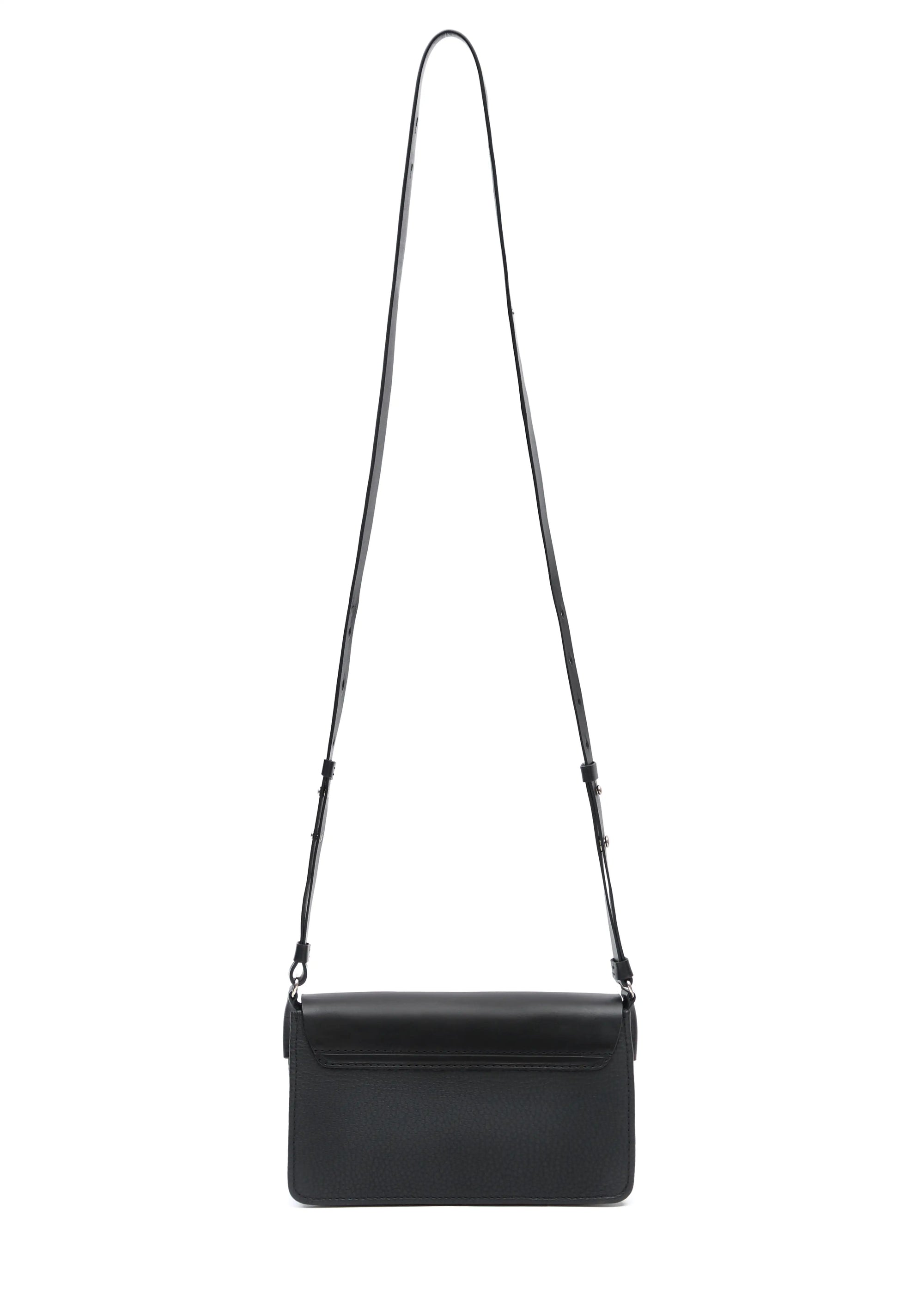  Back view of the Philini Mihaela Black Leather Bag, featuring a buffalo leather back, adjustable leather strap with silver details, and a sleek rectangular design. A sustainable, handcrafted luxury handbag 