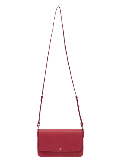 Front view of the Philini Mihaela Wallet Bag in vibrant red nappa leather, featuring a softly tapered rectangular shape, front flap with silver cufflink closure, and an adjustable leather strap. A refined, minimal-chic designer wallet crossbody.