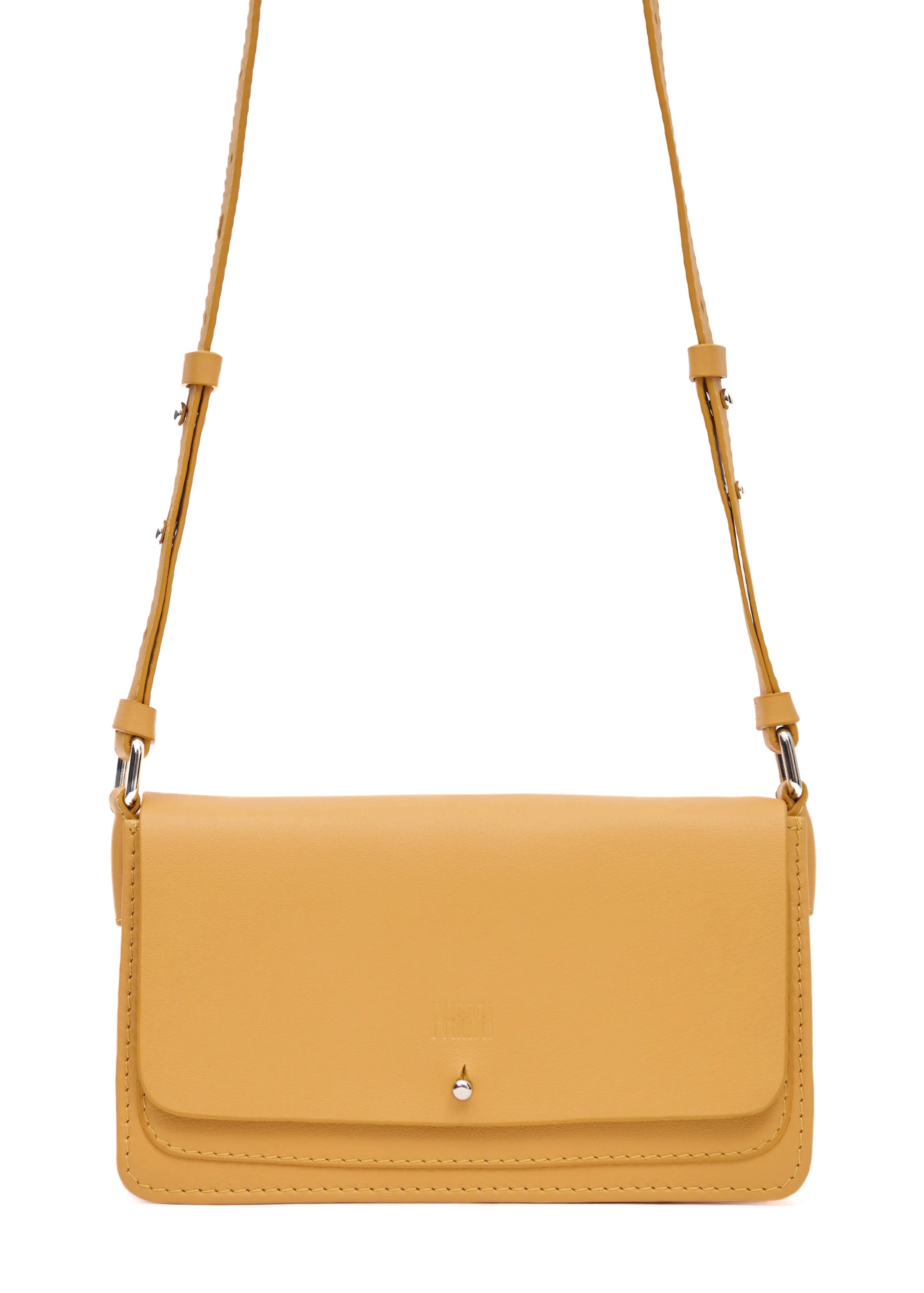 Close-up front view of the Philini Mihaela Wallet Bag in yellow nappa leather with silver closure, logo stamp, and strap. The compact wallet bag is a fashion accessory.