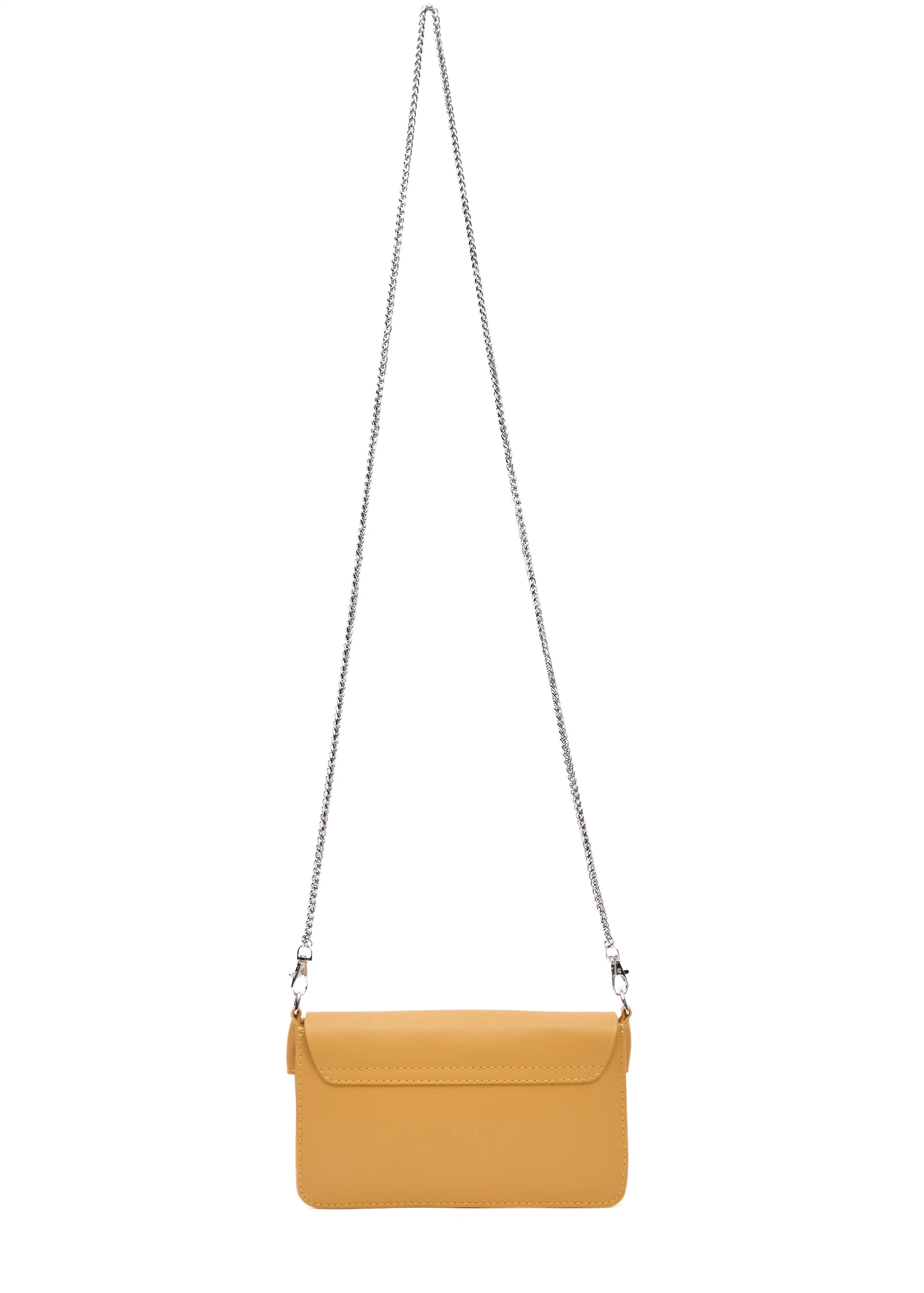  Back view of the handcrafted yellow Philini Mihaela Wallet Bag in nappa leather with stitched flap, silver chain strap, and tapered shape. A compact luxury designer accessory