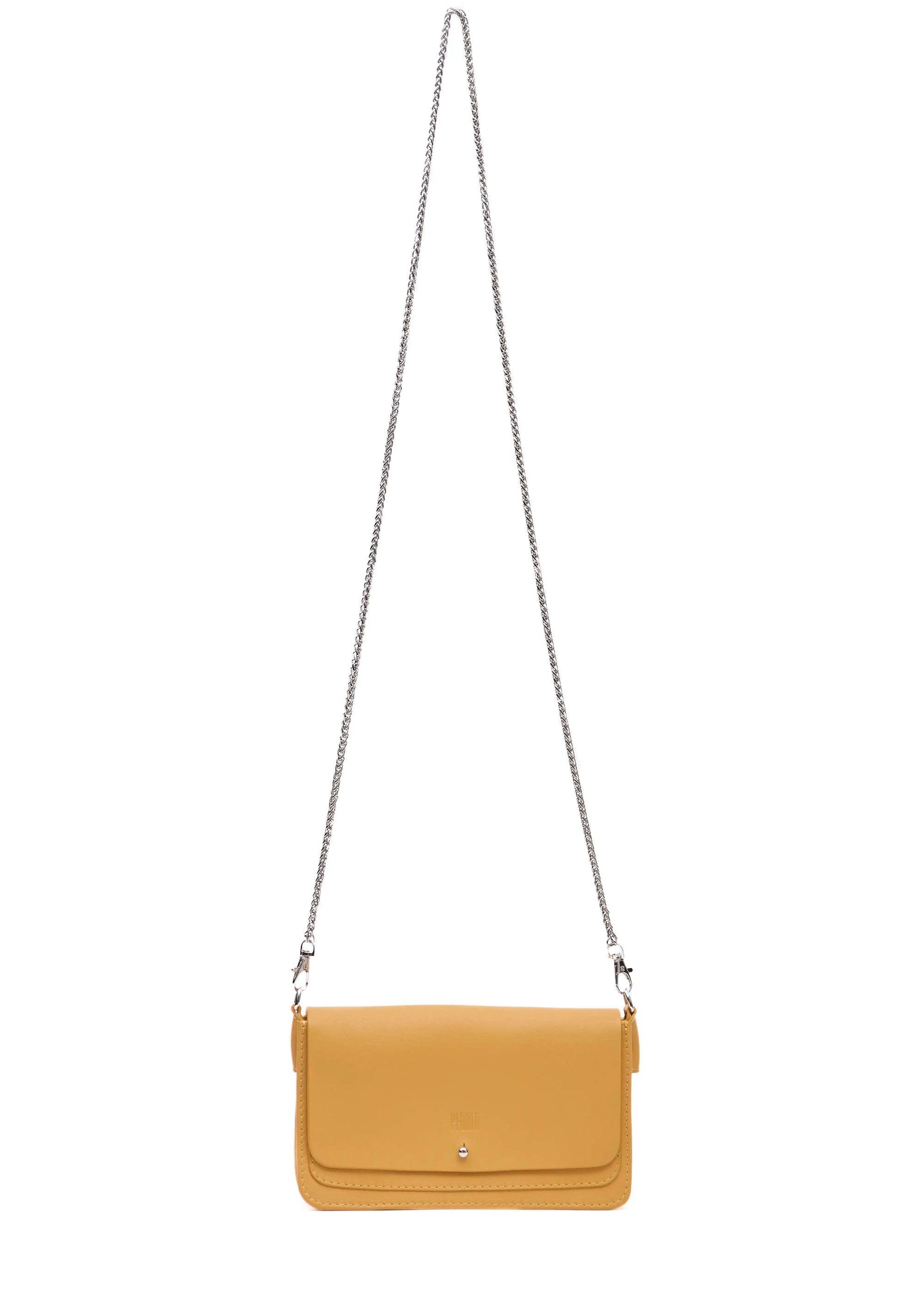 Front view of the Philini Mihaela Yellow Wallet Bag in nappa leather with metal chain handle and silver cufflink closure