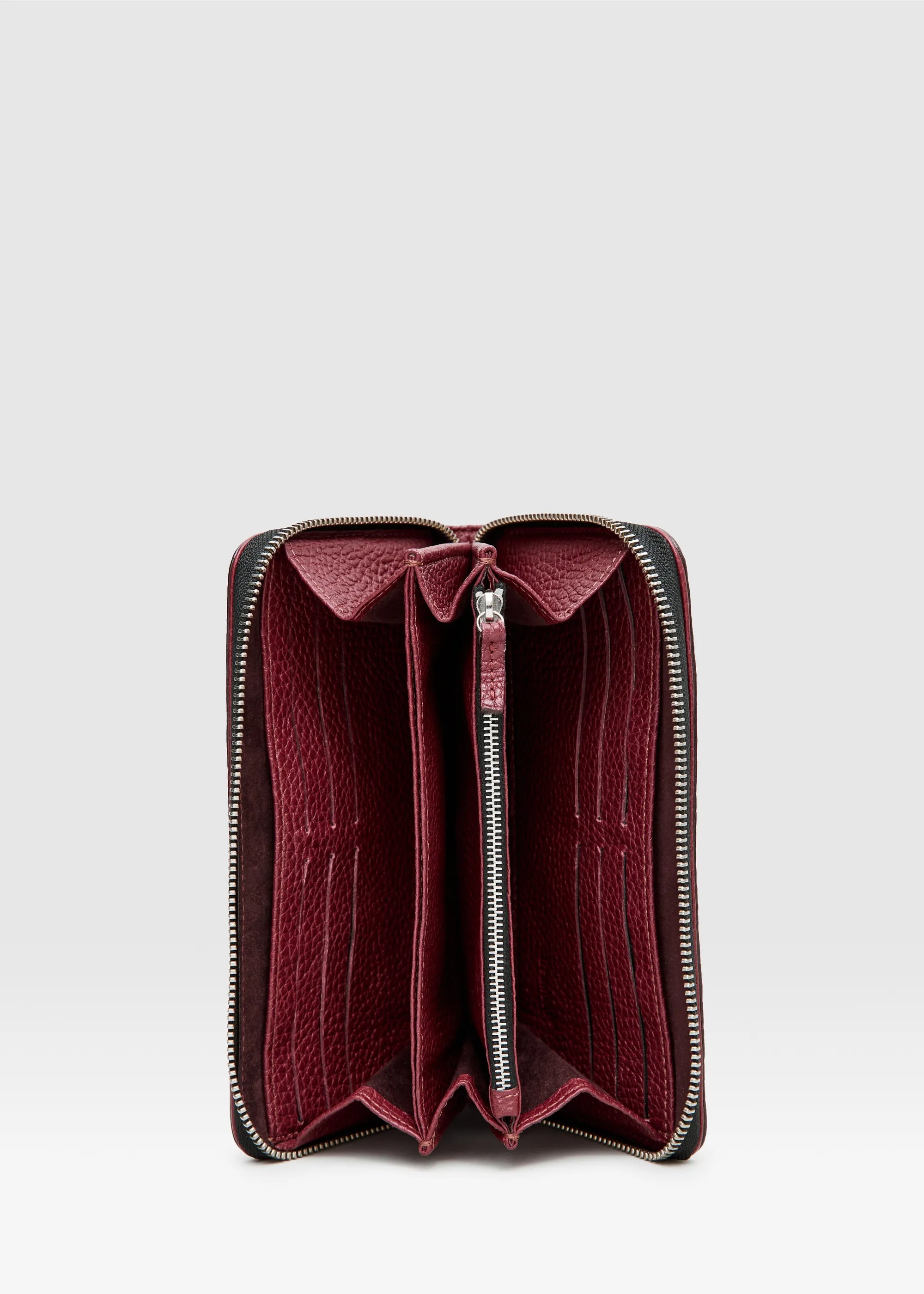 Inside view of the Philini Nicole Wallet in red buffalo leather, showing multiple card slots, zip coin pocket, cash compartments, and extra inner pocket. Elegant women’s card and coin wallet