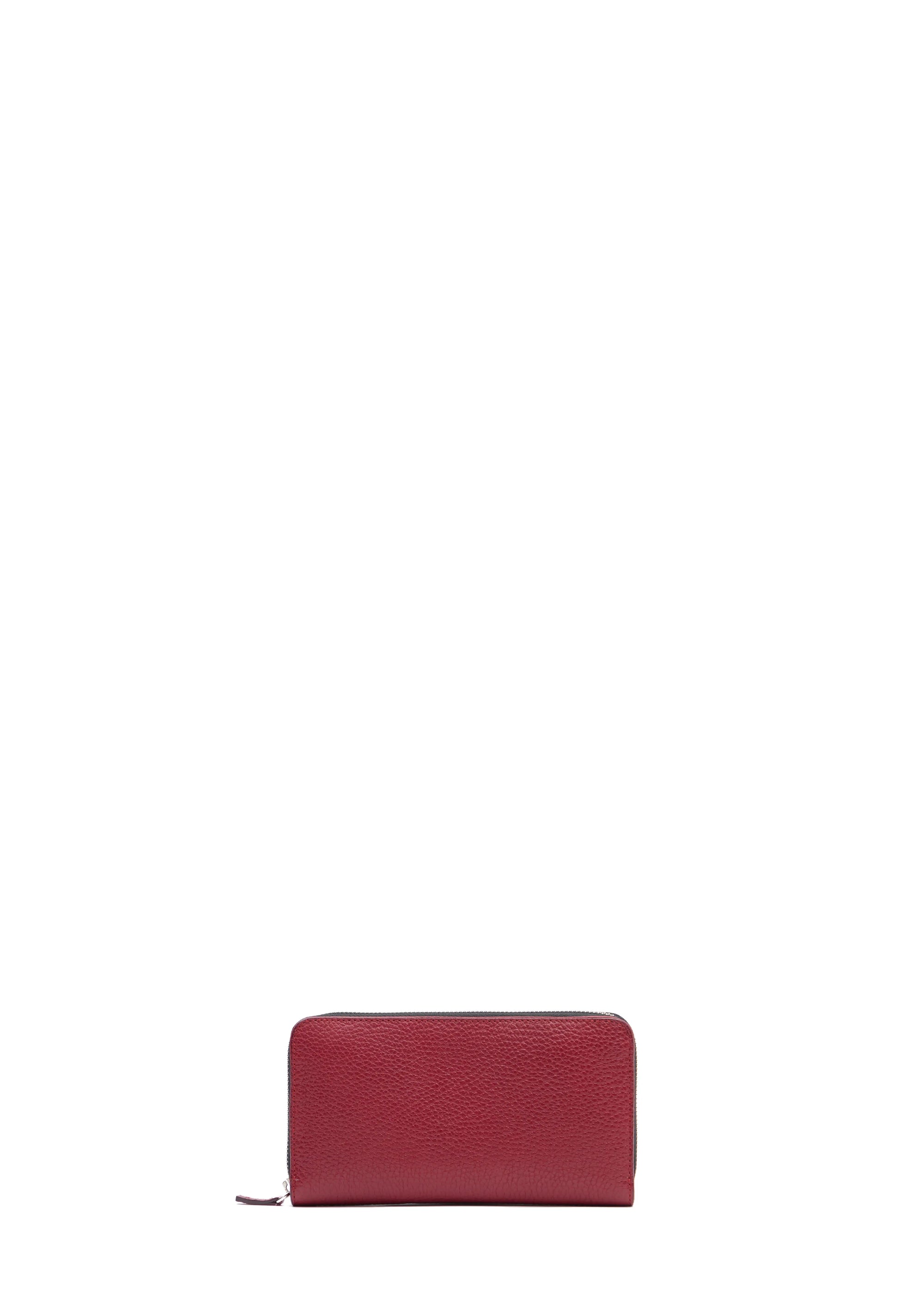 Front view of the Philini Nicole Wallet in red buffalo leather, rectangular design with a small leather pull tab. Elegant handcrafted women’s wallet