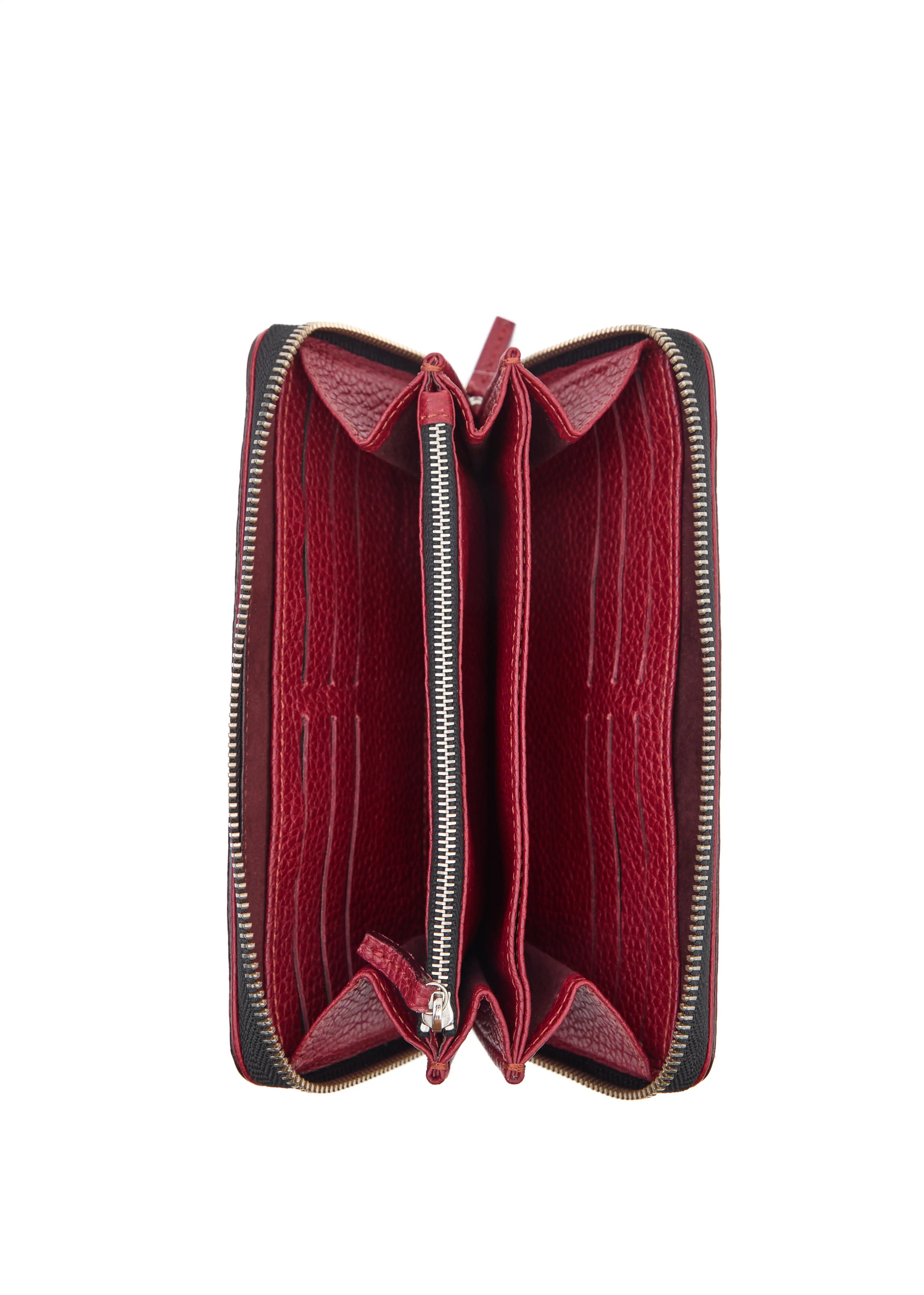 Inside view of the Philini Nicole Wallet in red buffalo leather, showing multiple card slots, zip coin pocket, cash compartments, and extra inner pocket. Elegant women’s card and coin wallet
