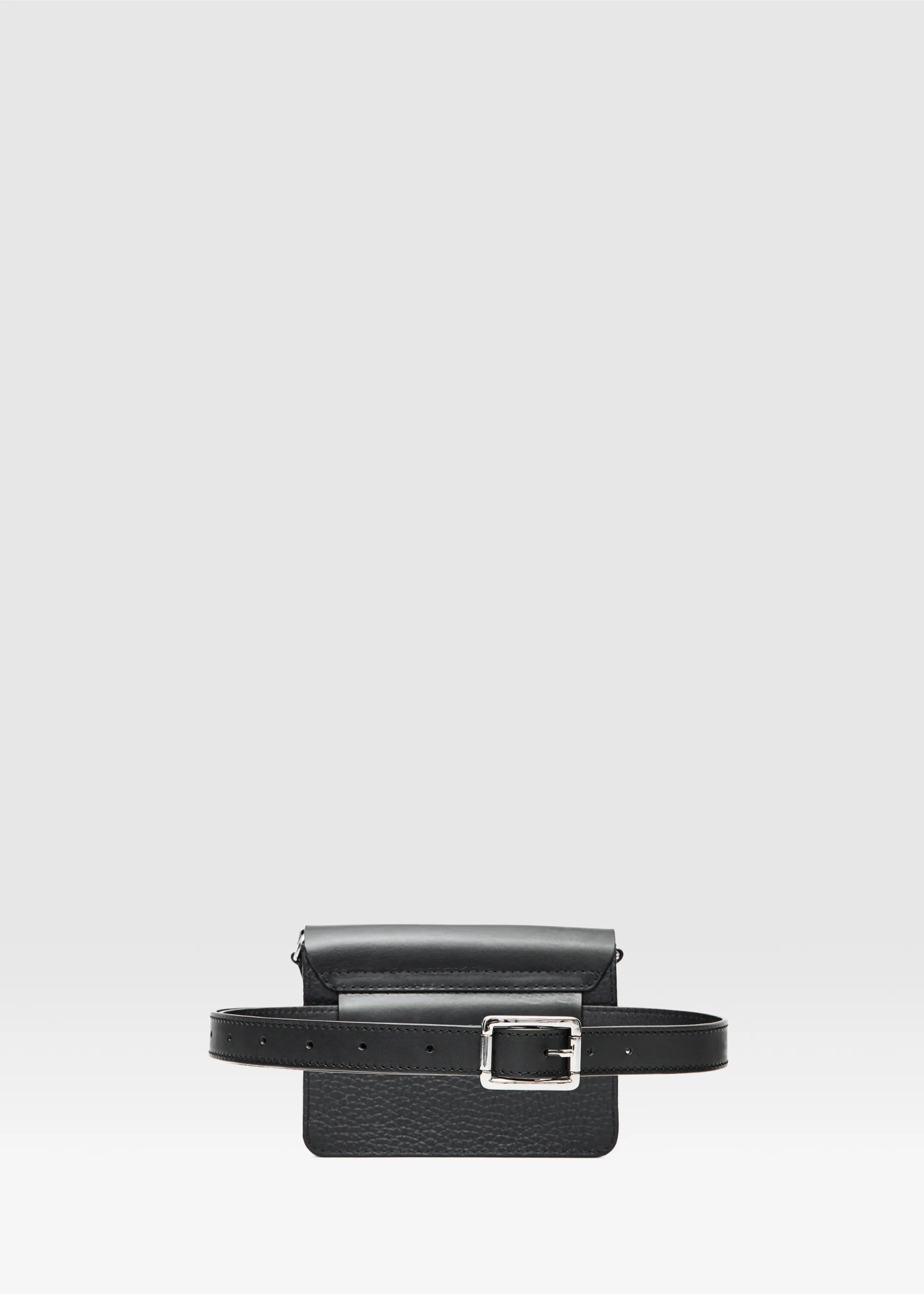 Back view of the Philini Polina Black Belt Bag, a rectangular leather bag 