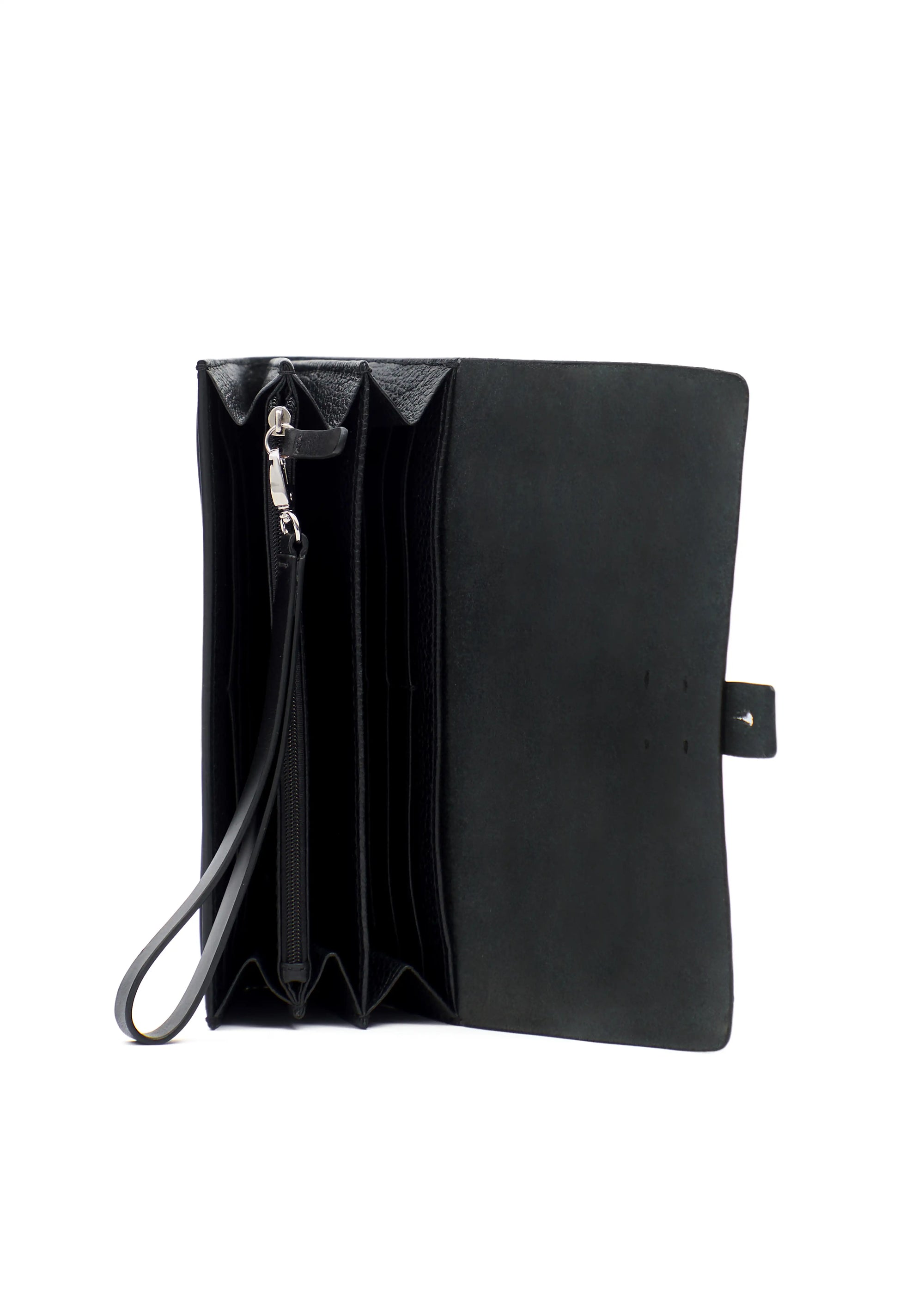 Top inside view of the open Philini Sandra Wallet in black full-grain and buffalo leather