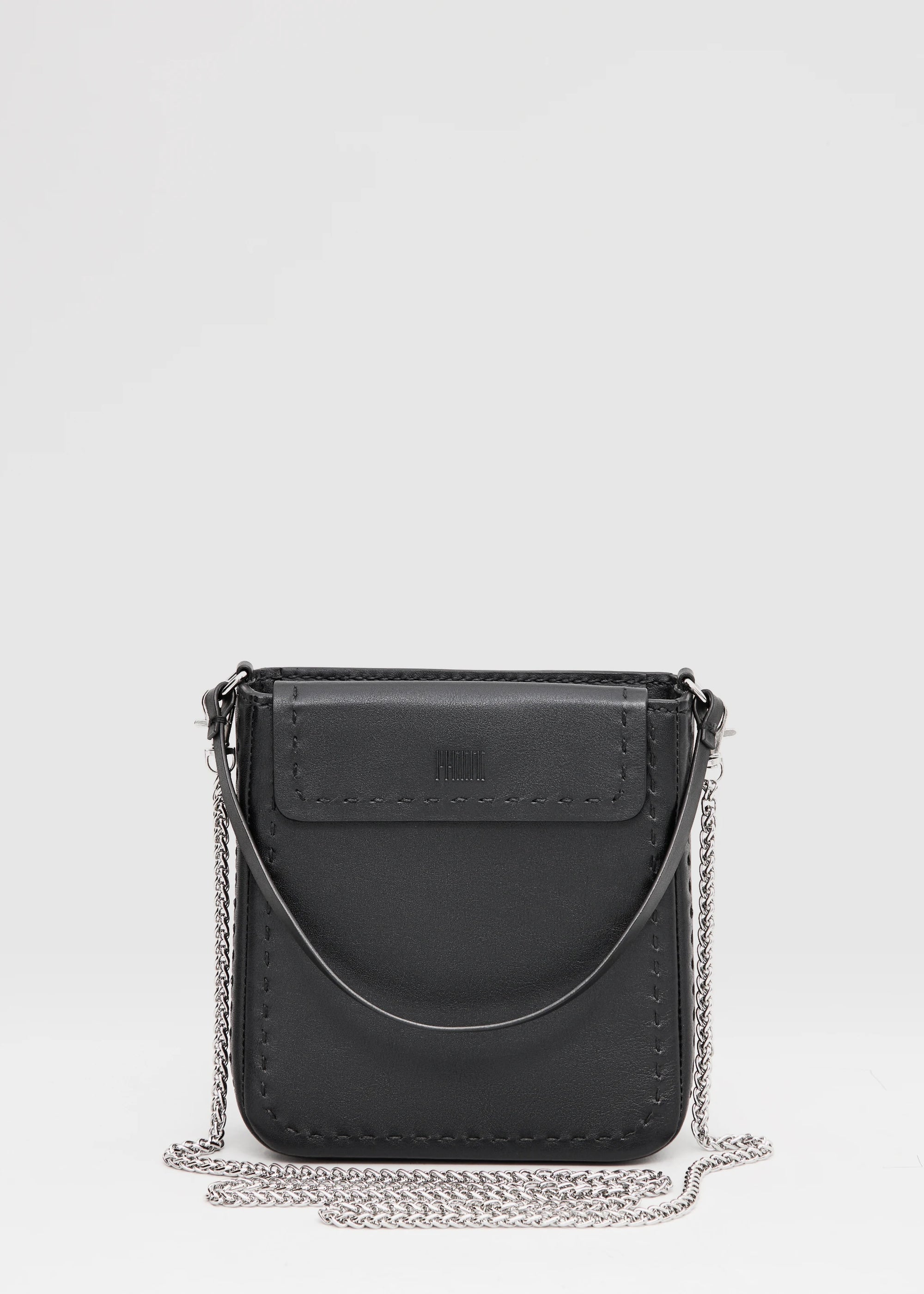 Front View of Elegant black handbag combining buffalo & full-grain leather. Features dual zipper compartments, short handles & silver details. Handcrafted by Philini.