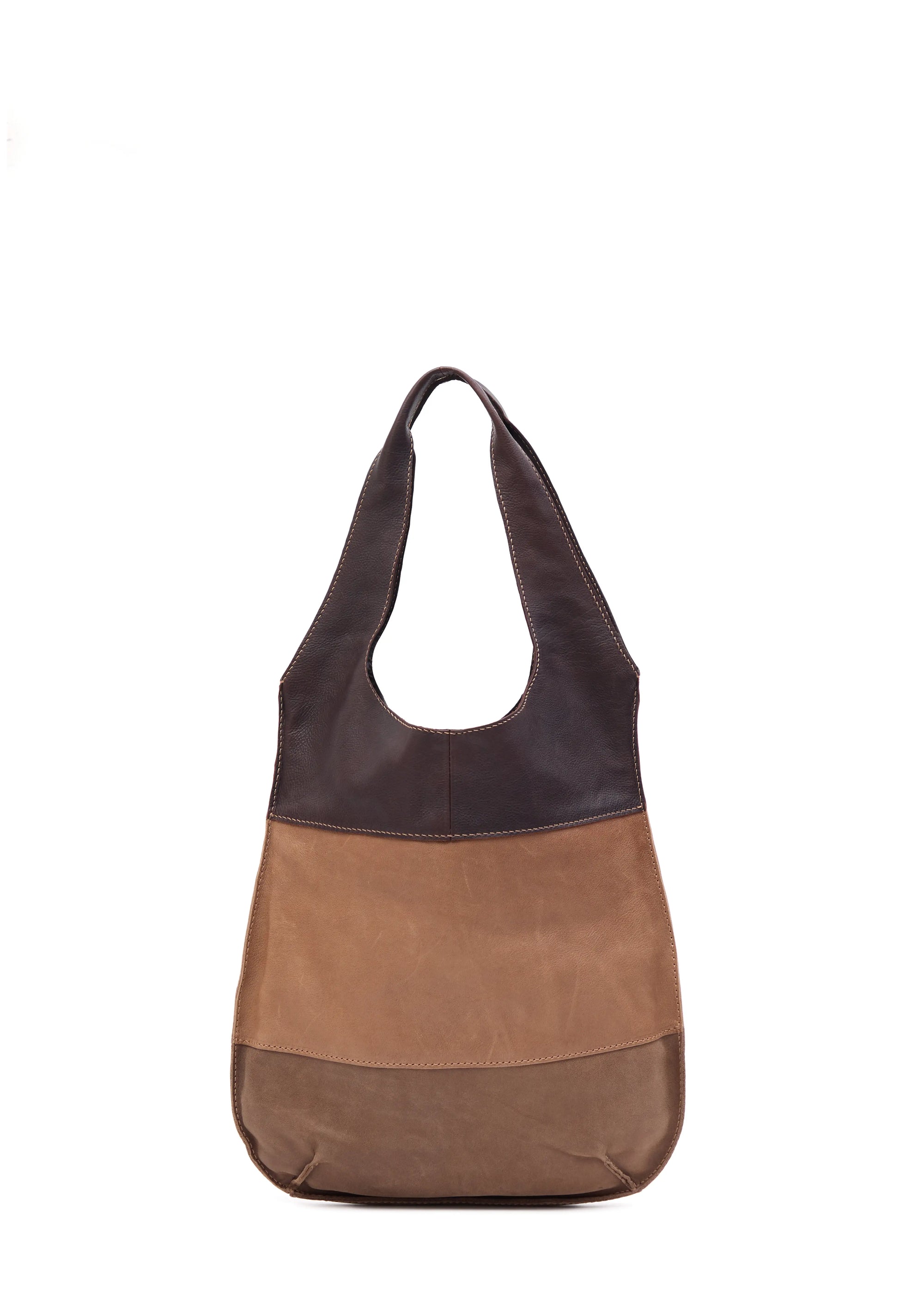 Back view of the Philini Semfira Hobo Bag in nubuck and smooth calf leather, showing softly structured back and color straps with hand-made stitching. Handcrafted designer shoulder bag, timeless wardrobe essential