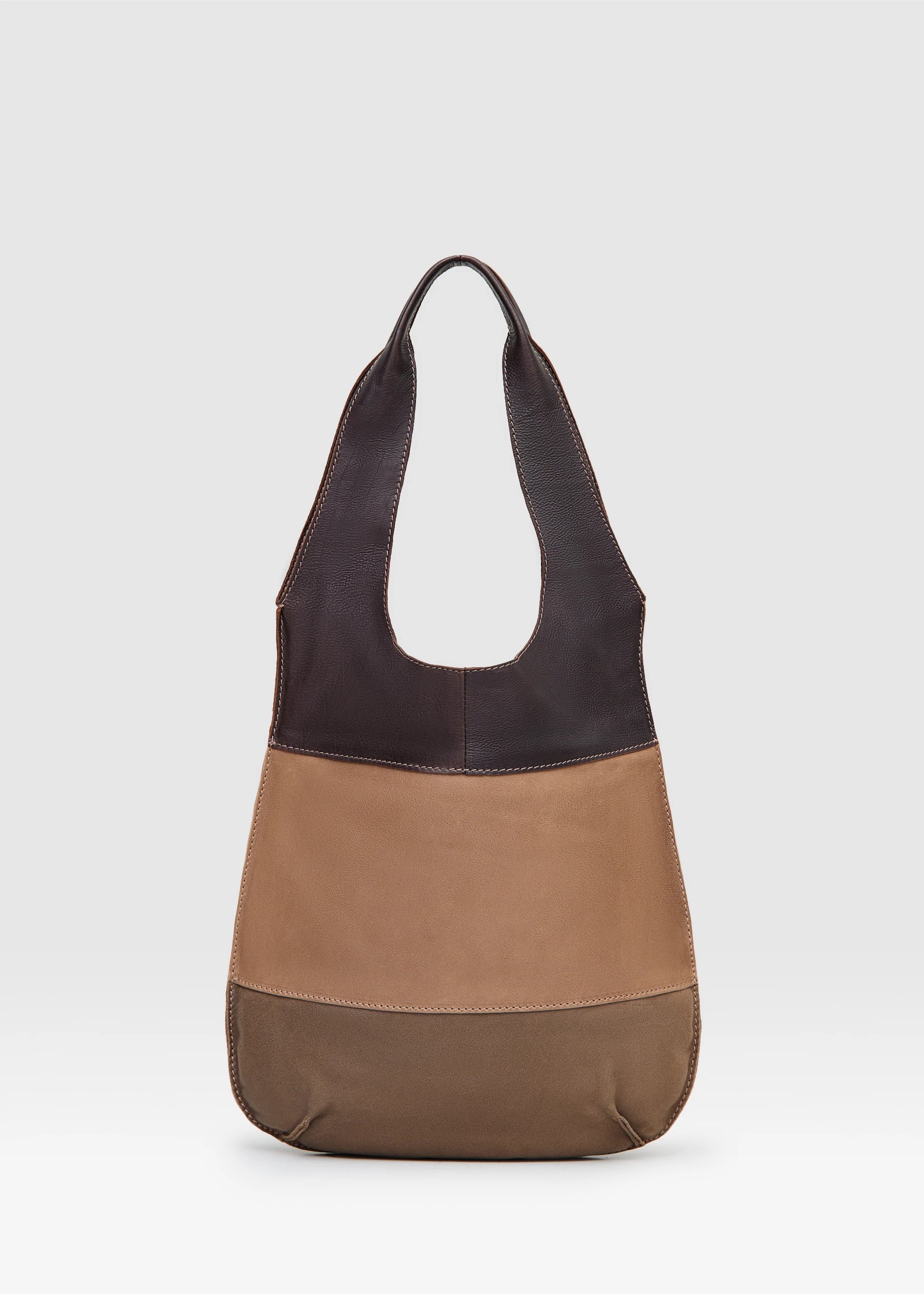 Back view of the Philini Semfira Hobo Bag in nubuck and smooth calf leather, showing softly structured back and color straps with hand-made stitching. Handcrafted designer shoulder bag, timeless wardrobe essential