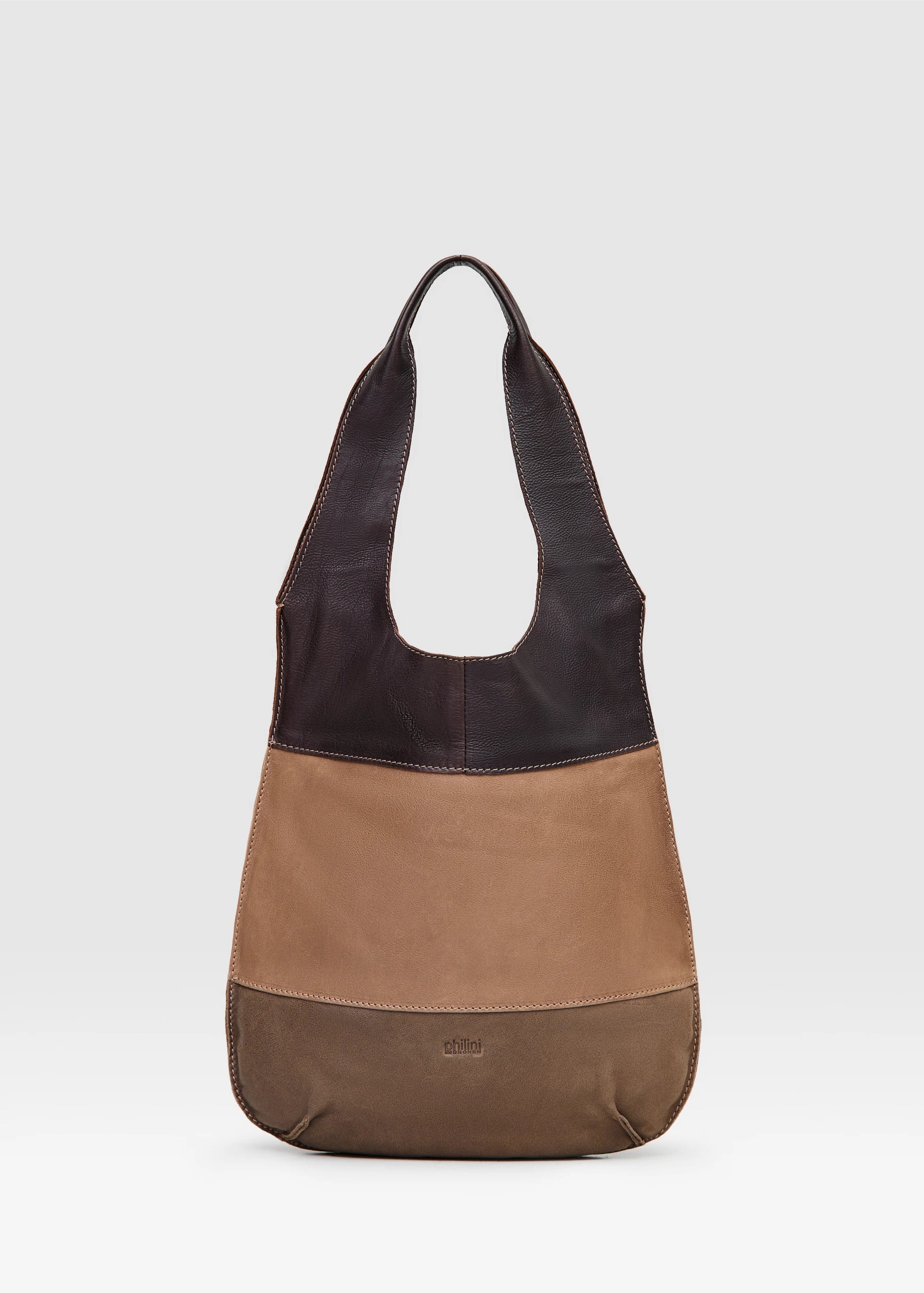 Front view of the Philini Semfira Brown Hobo Bag in nubuck and calf leather with integrated handles and three-toned straps