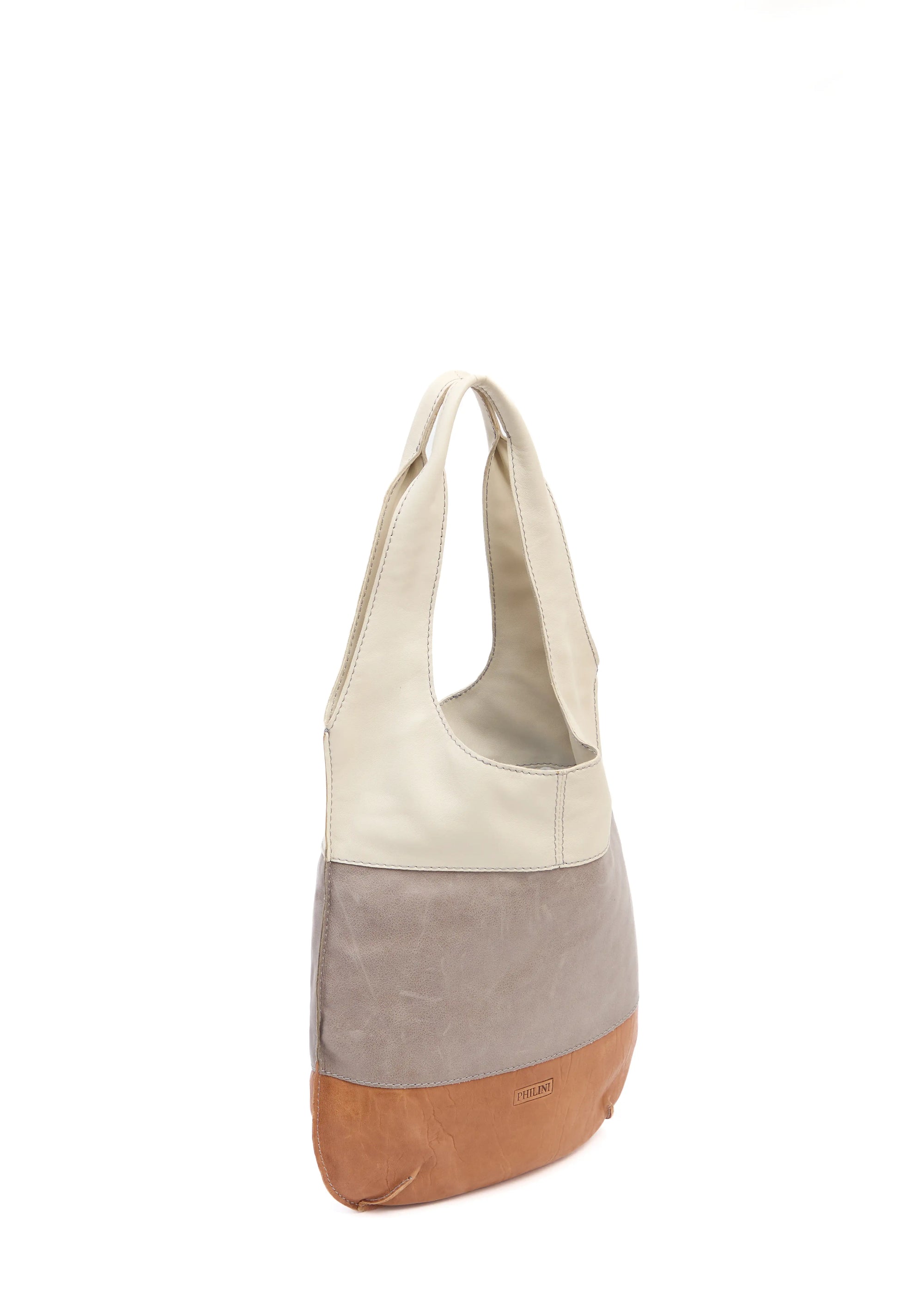 Side view of the Philini Semfira Hobo Bag in cognac wild calf leather, featuring three gentle-color straps, integrated handles, and a stamped logo. Sustainable luxury handbag