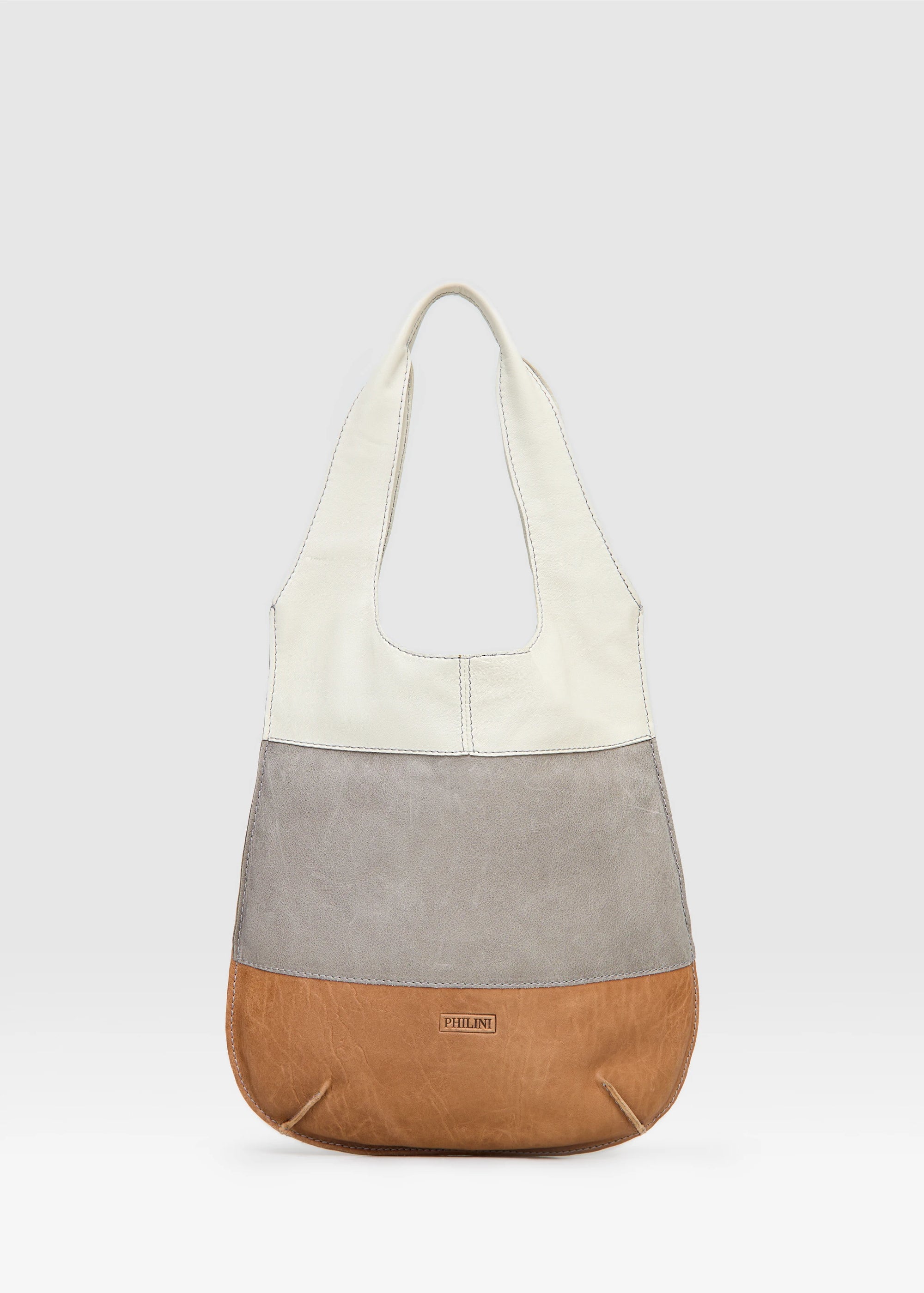 Front view of the Philini Semfira Hobo Bag in cognac aniline wild calf leather, featuring three color straps, integrated handles, and a stamped logo. Handcrafted artisanal leather hobo