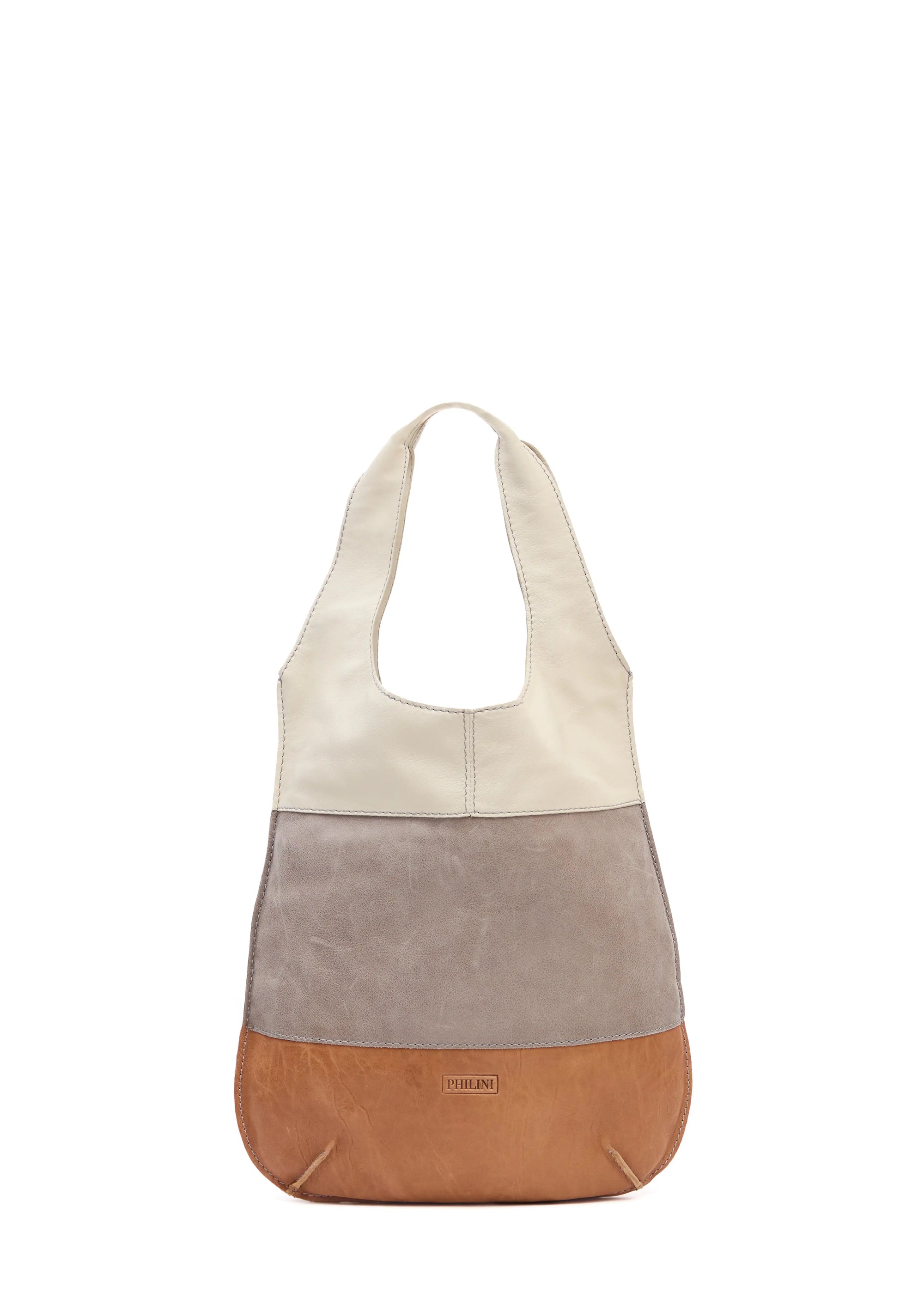 Front view of the Philini Semfira Hobo Bag in cognac aniline wild calf leather, featuring three color straps, integrated handles, and a stamped logo. Handcrafted artisanal leather hobo