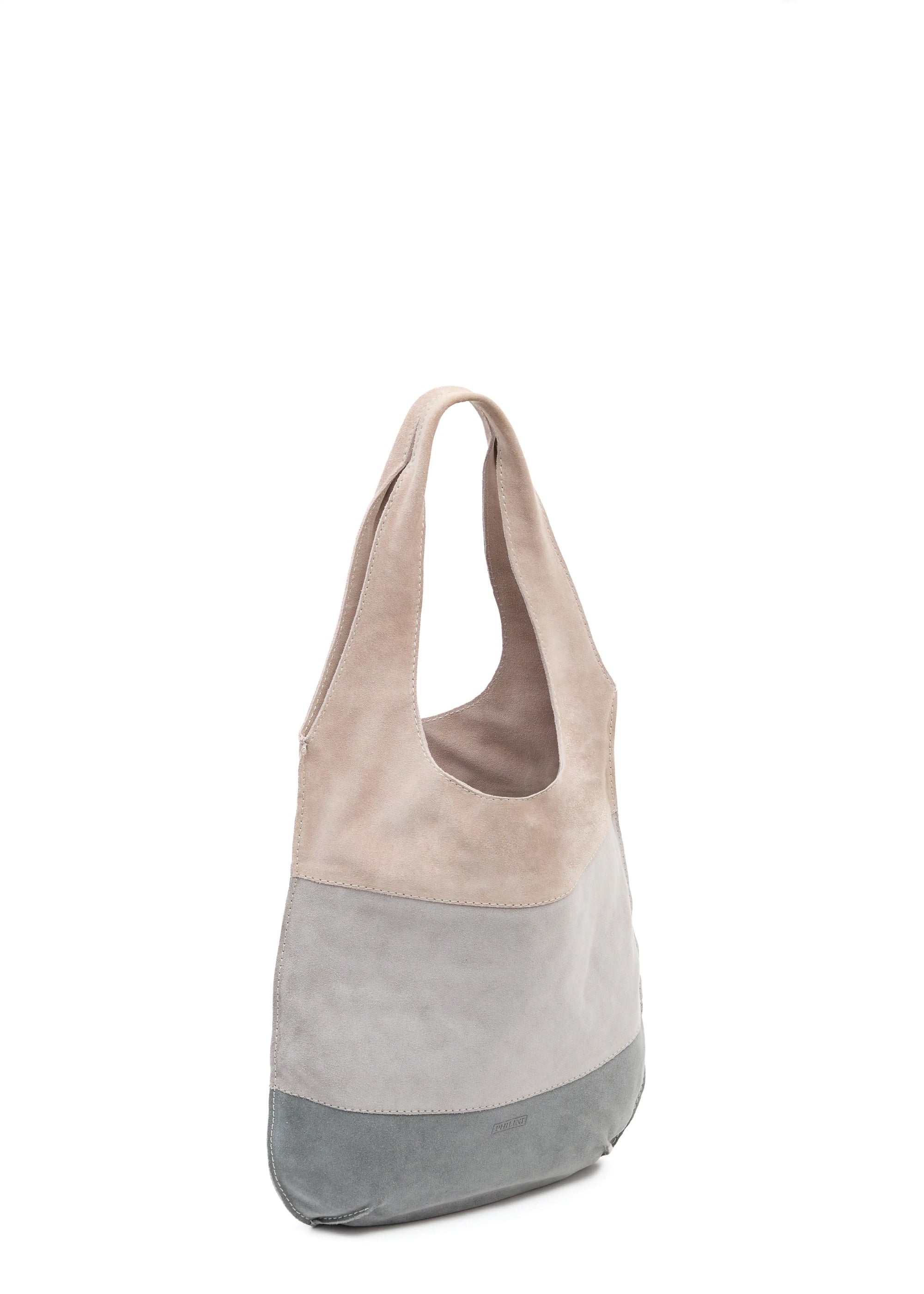 Side view of the Philini Semfira Hobo Bag in grey suede, featuring pastel-colored leather straps, integrated handles, stamped logo and soft suede texture. Chic women’s suede hobo