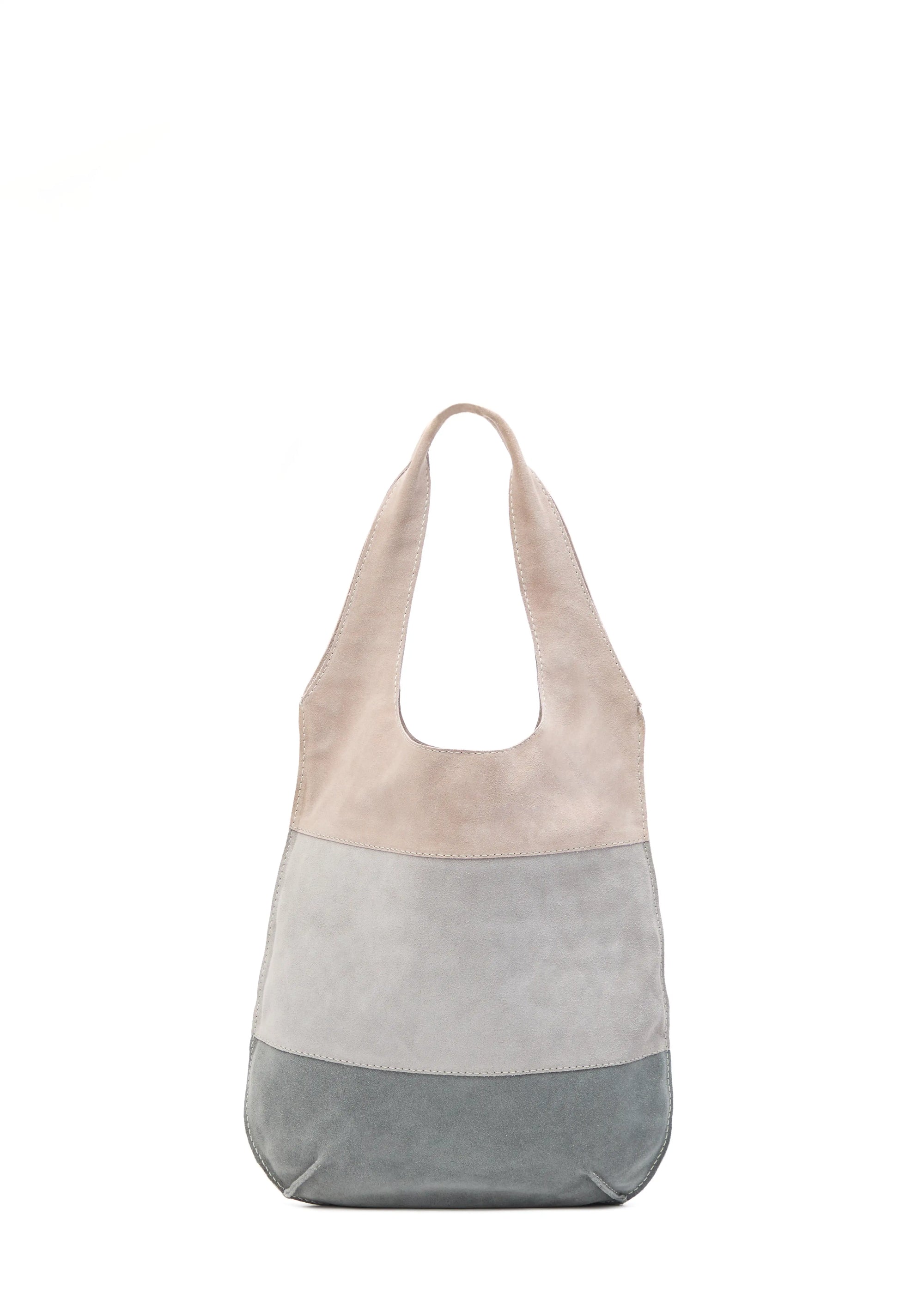 Back view of the Philini Semfira Hobo Bag in grey suede, showing soft multi-toned straps and a smooth, structured back. Luxury suede shoulder bag