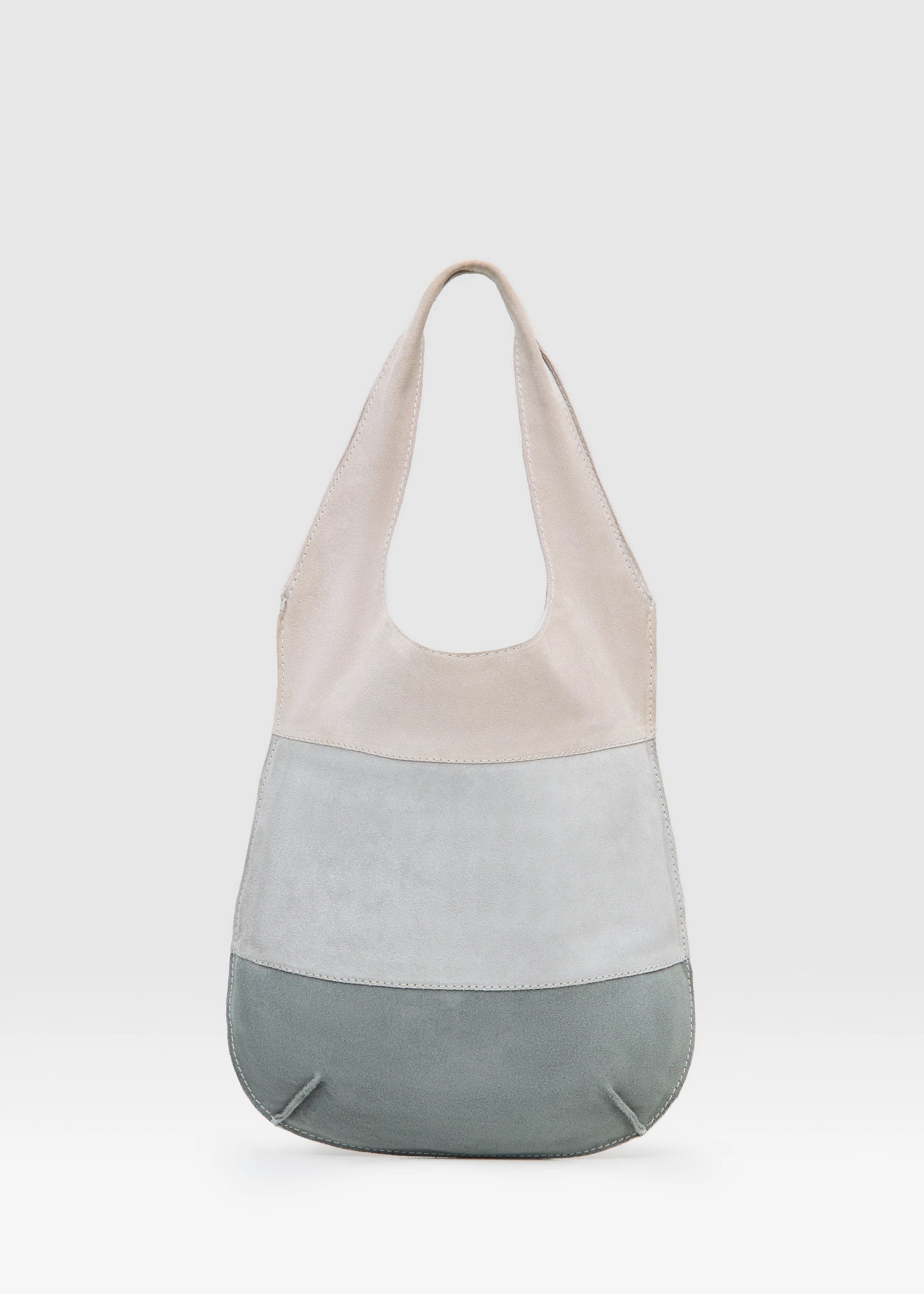 Back view of the Philini Semfira Hobo Bag in grey suede, showing soft multi-toned straps and a smooth, structured back. Luxury suede shoulder bag