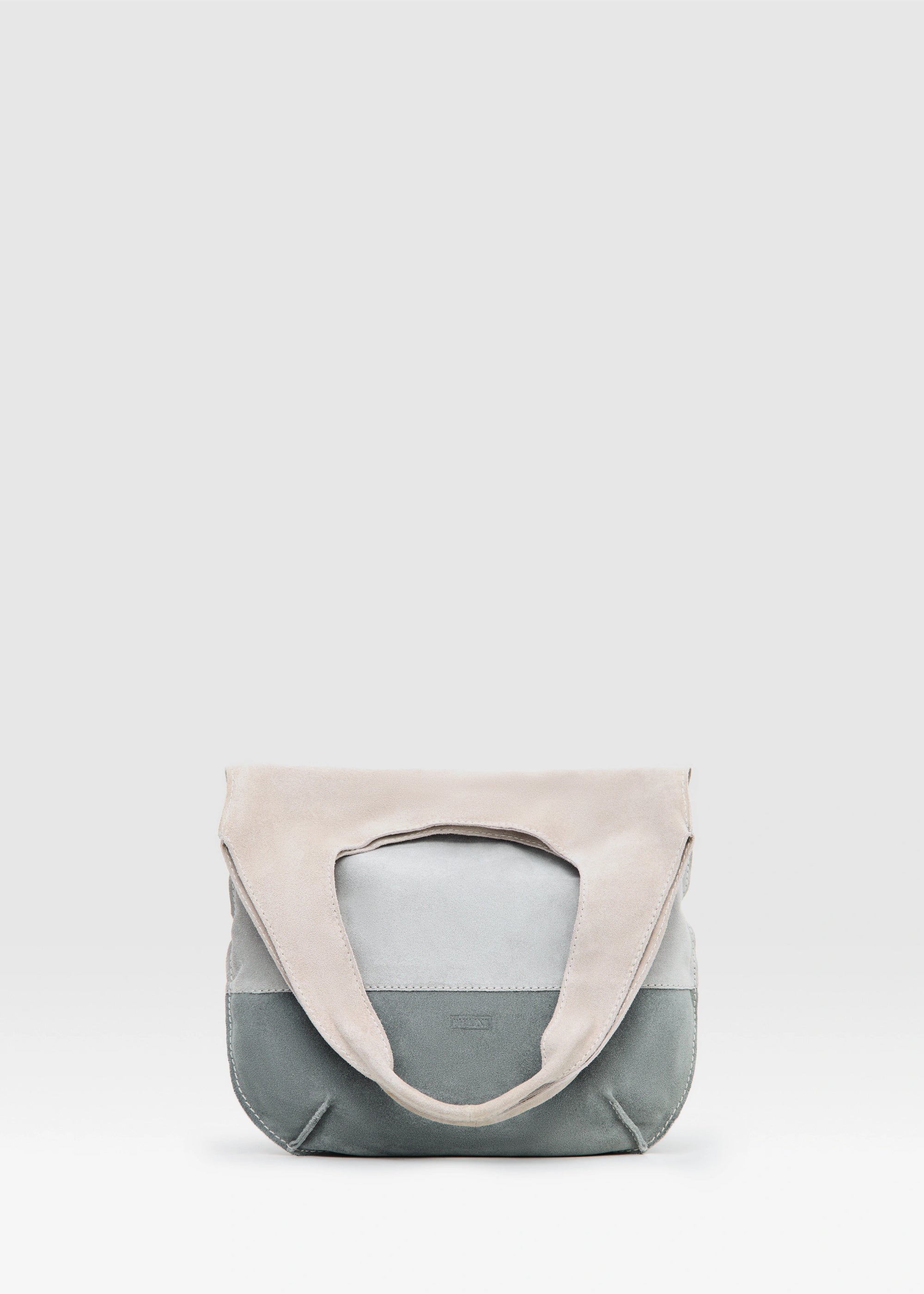 Folded view of the Philini Semfira Hobo Bag in grey suede, featuring pastel-colored leather straps, integrated handles, stamped logo and soft suede texture. Chic women’s suede hobo