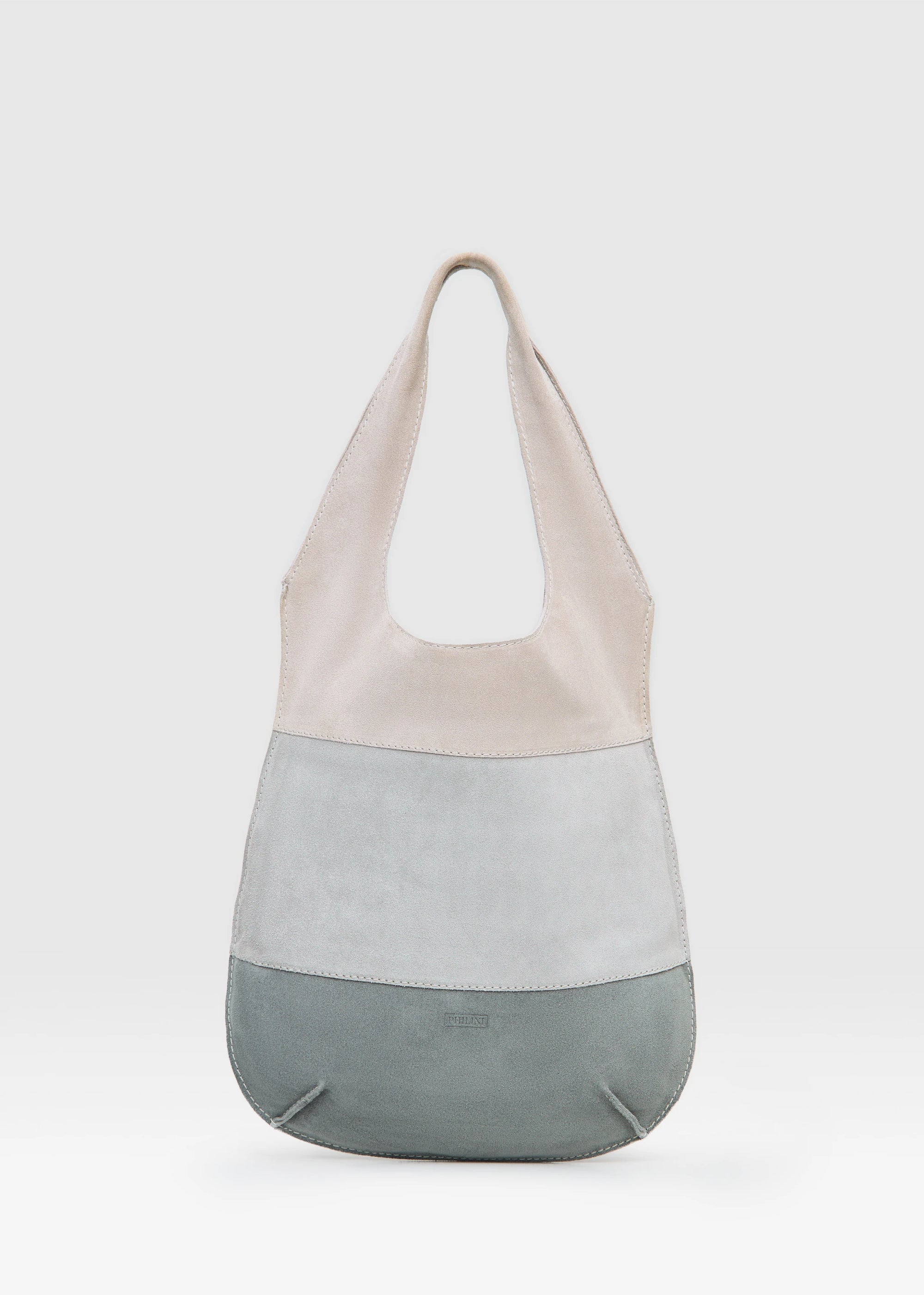 Front view of the Philini Semfira Hobo Bag in grey suede leather, showcasing triple-toned straps, and integrated top handles with a stamped logo in front. Soft suede hobo handbag, handcrafted for everyday  use